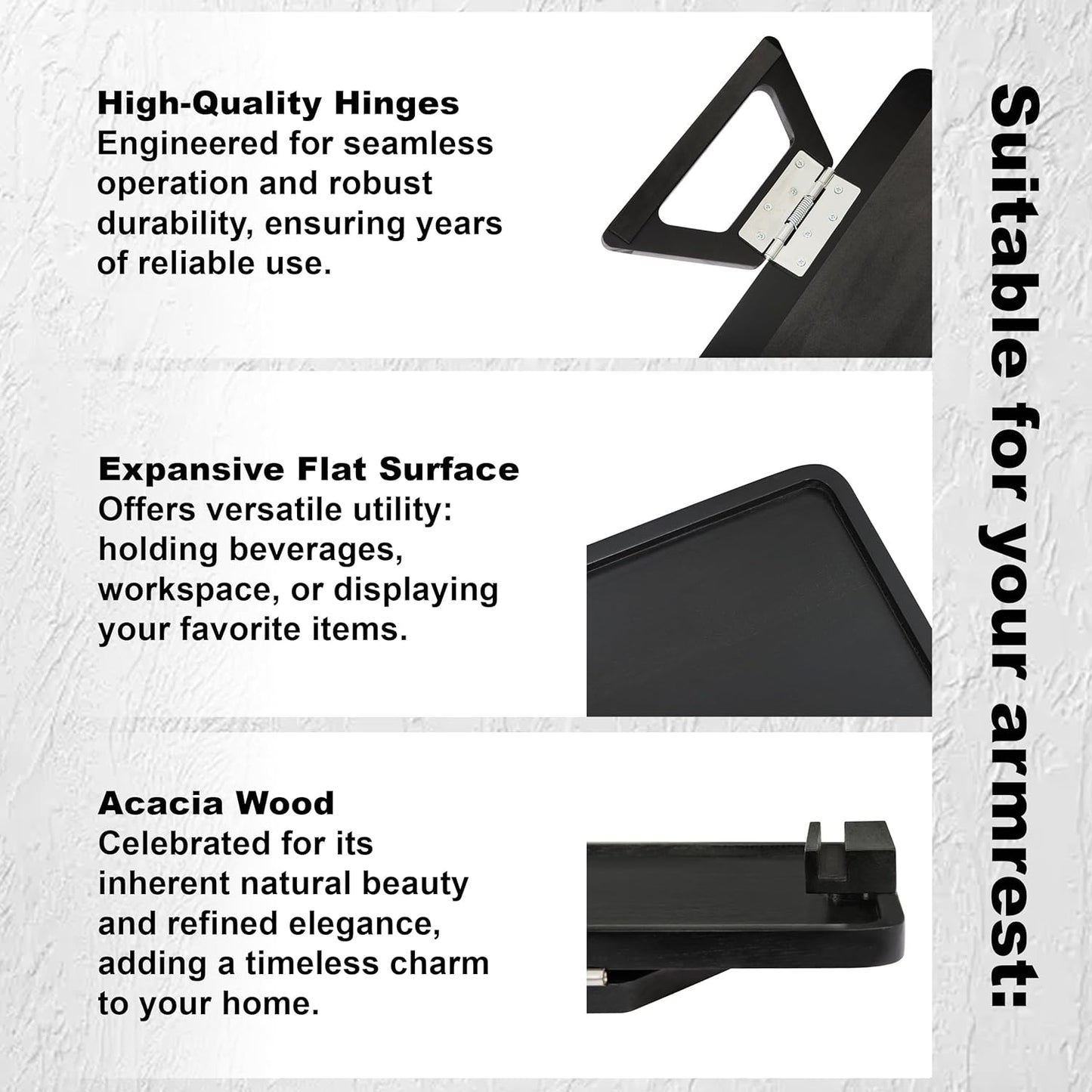 Acacia Wood Sofa Armrest Tray -15.4 x 9.84 in Double Hinge Sofa Arm Tray Table Clip-Couch Arm Table-Wooden Side Tables for Eating and Drink (Acacia, 15.4" D x 9.84" W x 5.7" H)(Black)