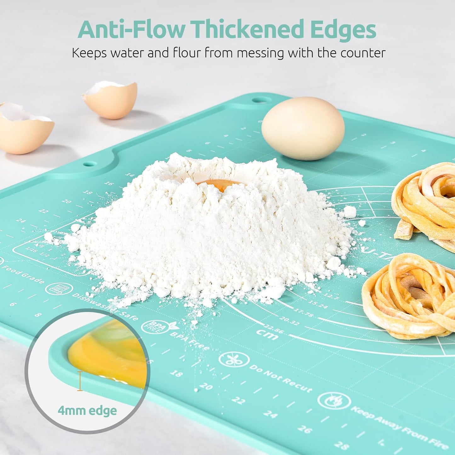 U-Taste Liquid Silicone Pastry Mat: 16"x20" Food-Grade Non-Stick Dough Rolling Baking Sheet, Non Slip for Kneading, Making Pizza, Fondant, Pie Crust with Clear Measurement and Raised Edges (Aqua Sky)