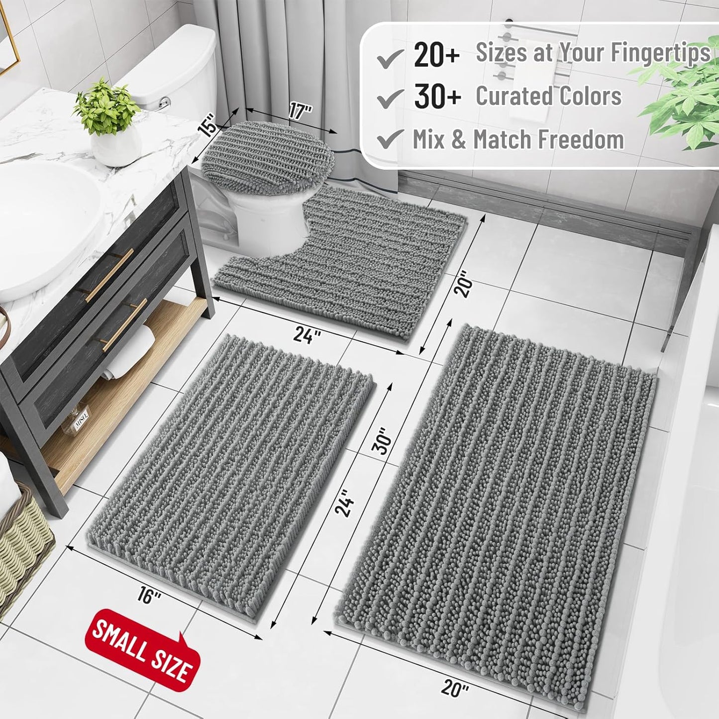 Arotive Luxury Chenille Bathroom Rug Mat, Extra Soft Thick Absorbent Shaggy Bath Rugs, Non-Slip Machine Wash Dry, Plush Bath Mats for Bathroom, Shower and Tub, 45x27, Grey