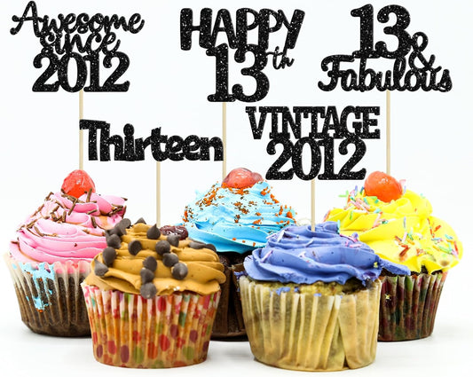 Gyufise 30Pcs Vintage 2012 Cupcake Toppers Glitter Thirteen Happy 13th Cupcake Picks Happy 13th Birthday Cake Decorations for Happy 13th Birthday Anniversary Party Supplies Black