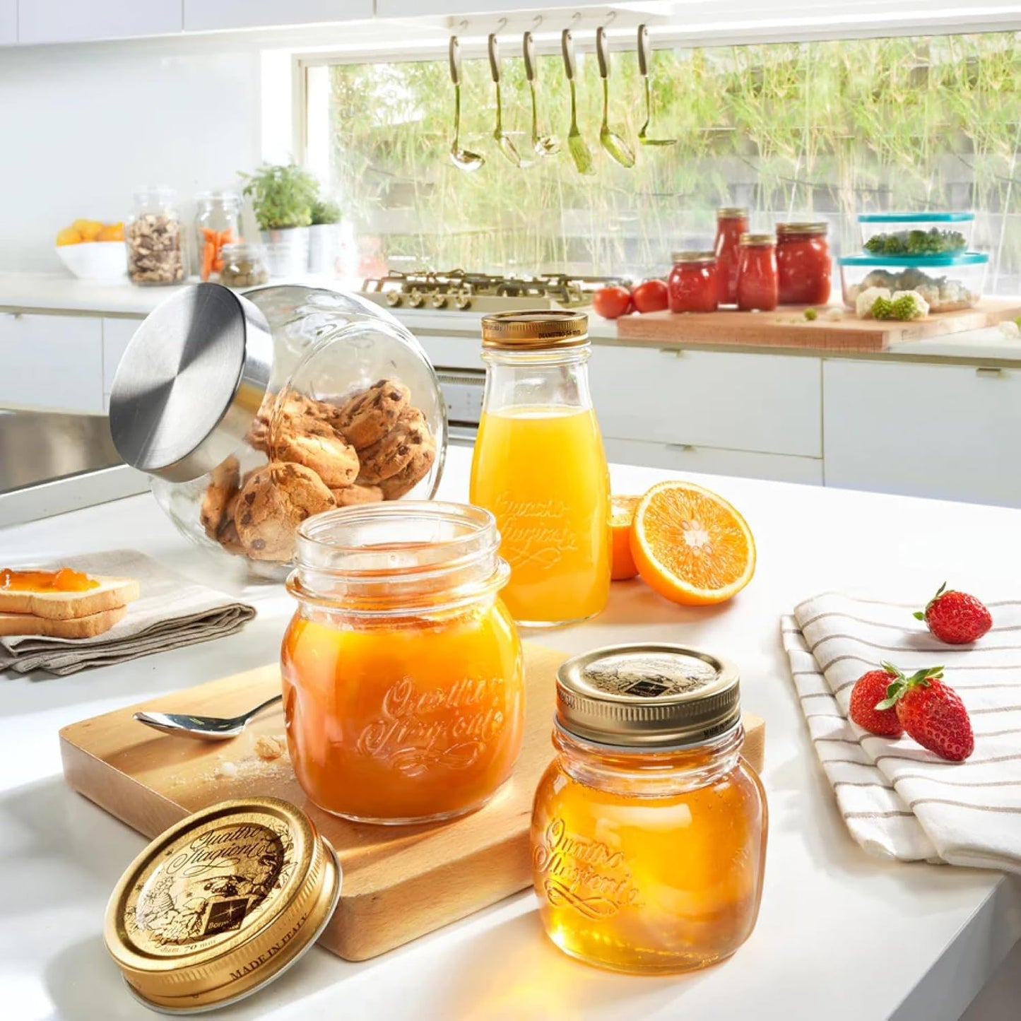 Bormioli Rocco Quattro Stagioni Small Bottles, Set of 6-6.75 Oz. Embossed Reusable Glass Jars with Airtight Lid, For Food Prep, Sauces, Gifts & Crafts - Round Bottle Containers, Made in Italy