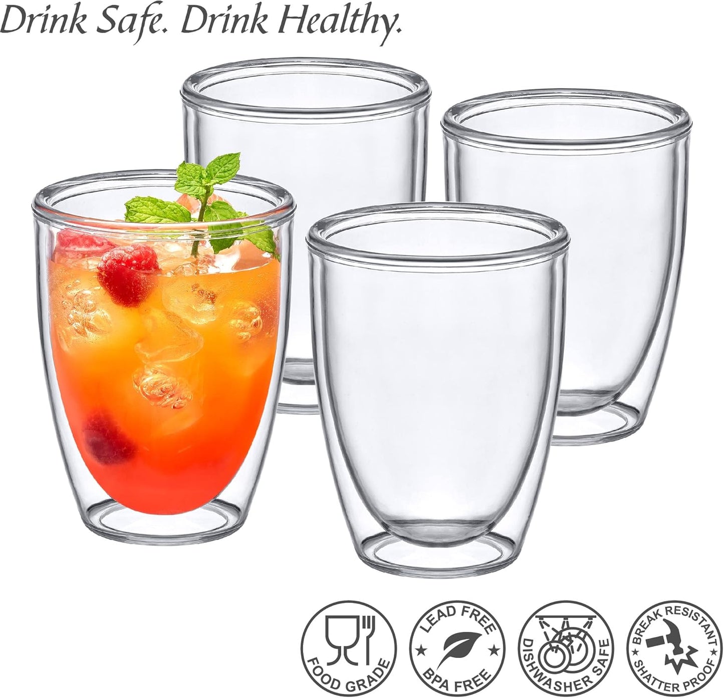 Amazing Abby - Andes - 12-Ounce Insulated Plastic Tumblers (Set of 4), Double-Wall Plastic Drinking Glasses, All-Clear Reusable Plastic Cups, BPA-Free, Shatter-Proof, Dishwasher-Safe