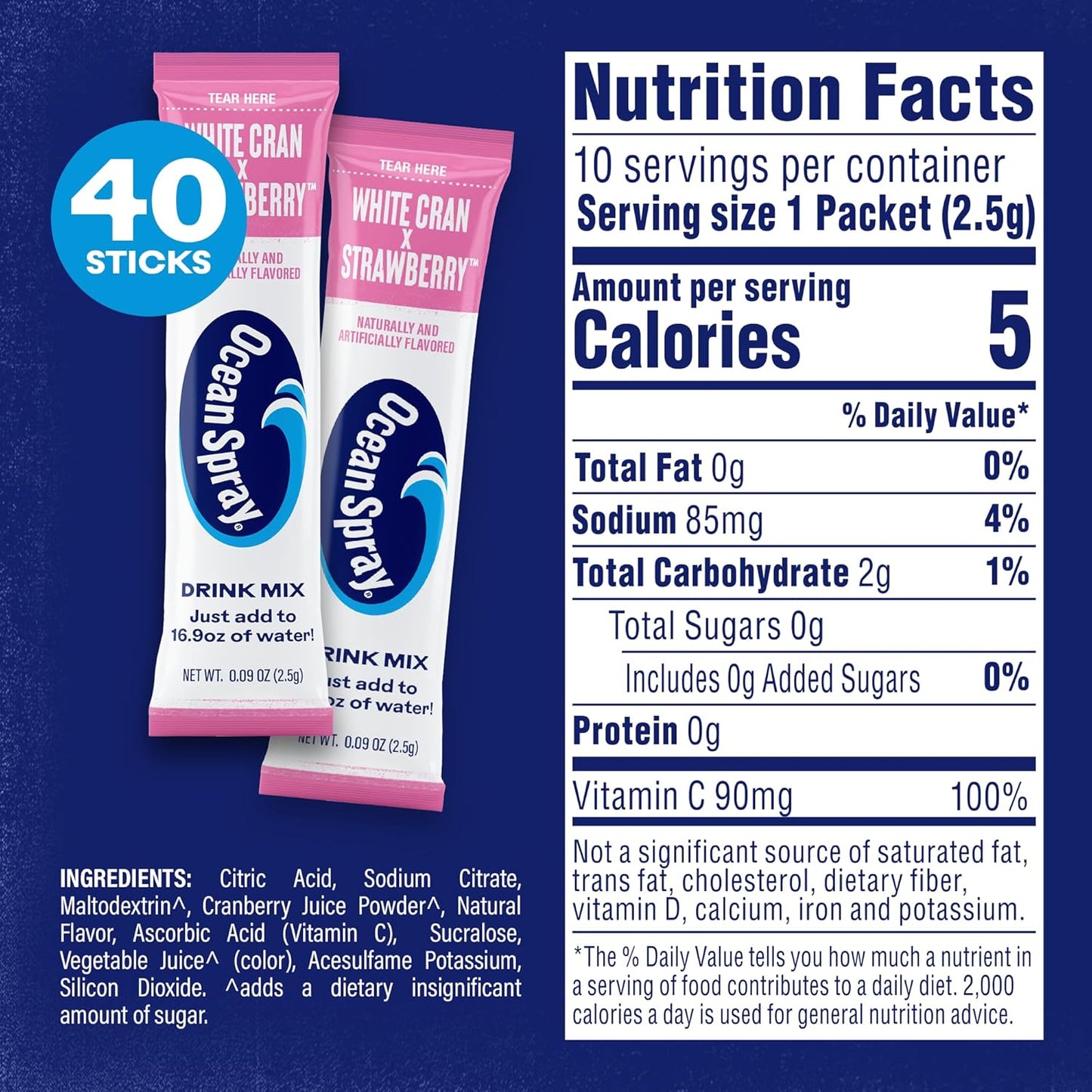 Ocean Spray® White Cran-Strawberry™ Zero Sugar Powder Drink Mix Packets with Real Cranberry Juice Powder, 100% Vitamin C, No Synthetic Dyes, Juicy Mixes (40ct)
