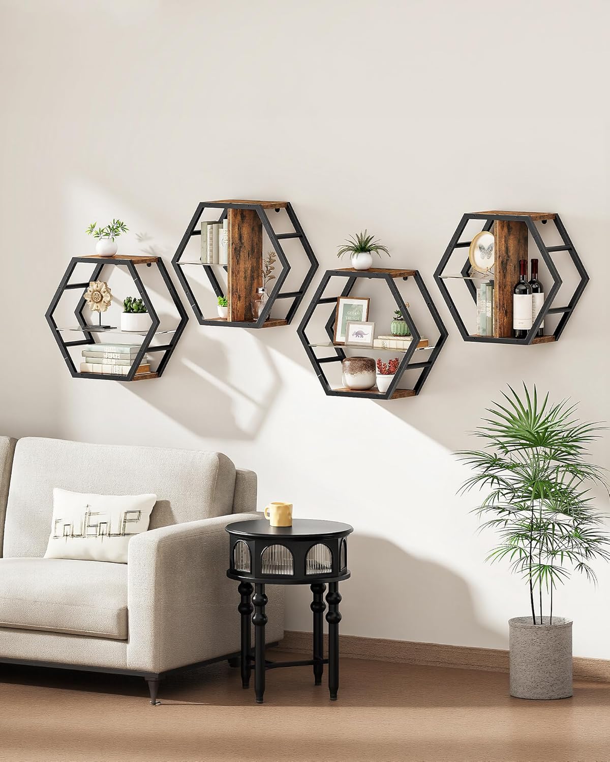 Hexagon Floating Shelves Set of 2, Glass Hanging Shelves for Wall Decor, Industrial Style Wall Storage Rack and 12 S-Hooks, for Living Room, Bedroom, Office, Game Center, Rustic Brown TBJ08BF