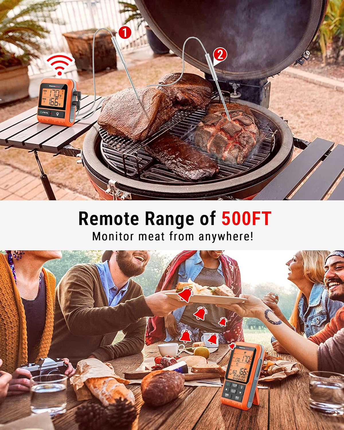 ThermoPro TP826 500FT Wireless Meat Thermometer, Dual Meat Probe Cooking Thermometer with HI/Low Alert, Food Grill Temperautre probe, Outdoor Fryer Accessories for BBQ, Smoker, Oven, Grilling Gift