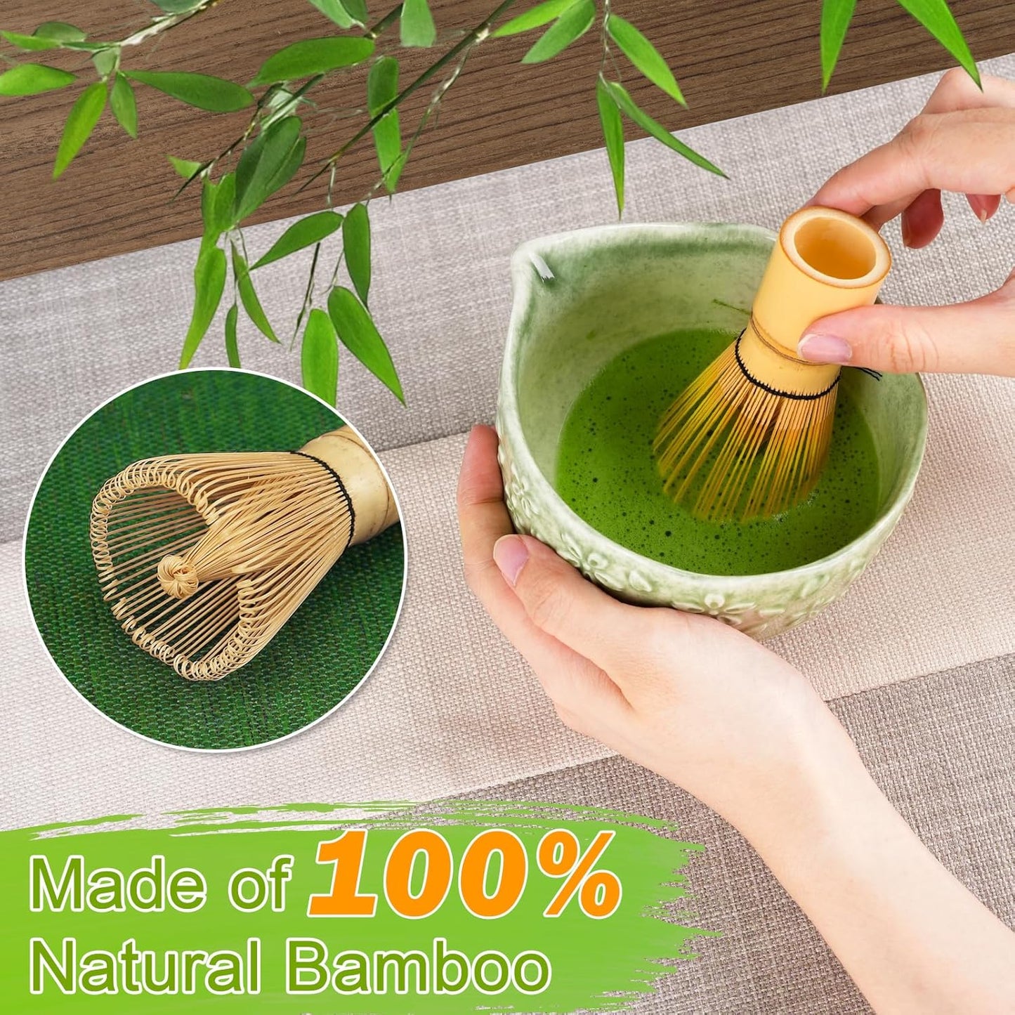 Matcha Whisk Set, Matcha Set 7 Pieces - Ceramic Matcha Bowl with Spout, Bamboo Chasen Whisk & Holder, Scoop, Sifter, Tea Towel - Complete Kit for Matcha Tea Ceremony, Latte, Ideal Gift(Mottled Green)