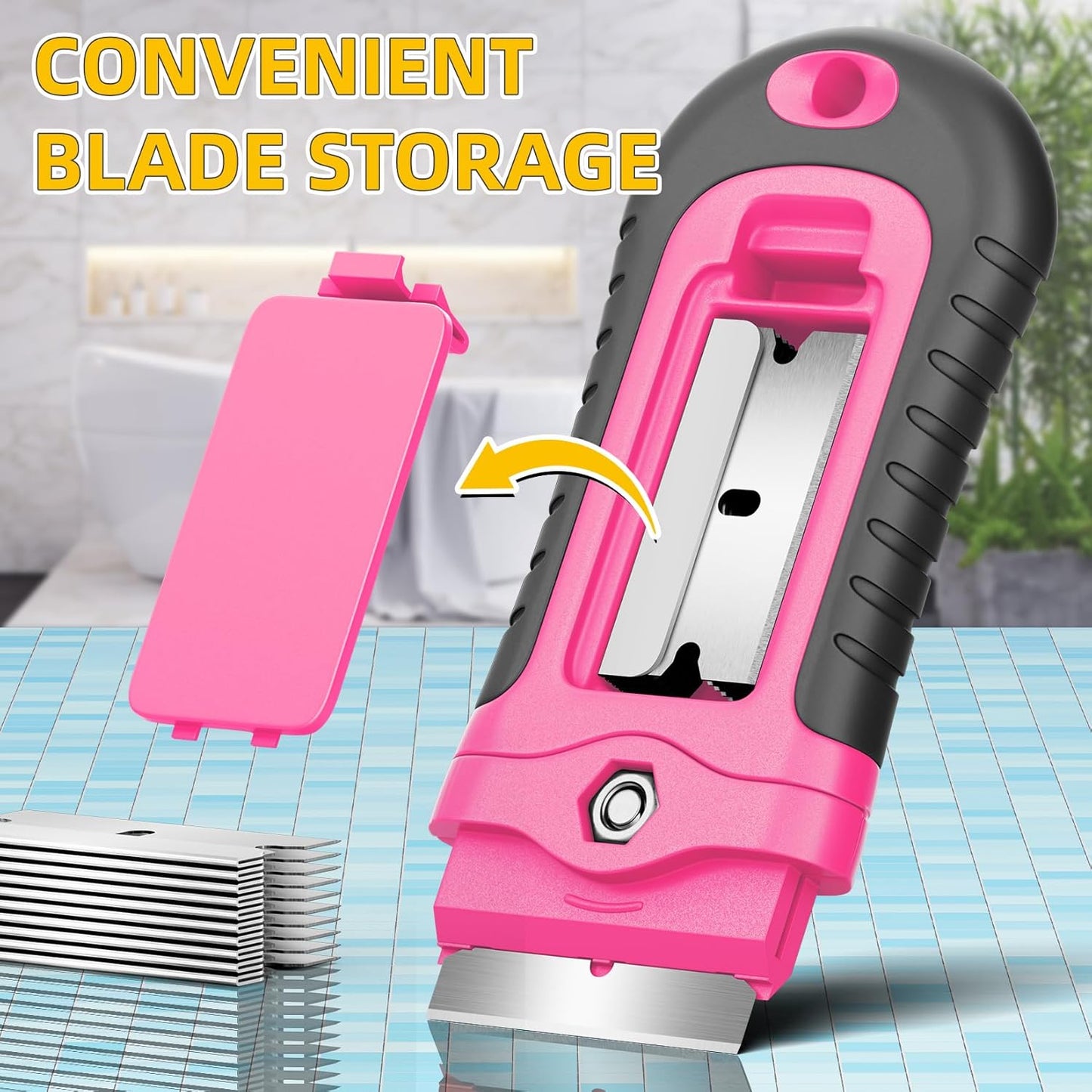 DIYSELF 1 Pack Razor Blade Scraper with 15 Extra Blades, Scraper Tool for Cleaning Window, Paint, Cooktop, Oven, Glass Stove Top Scraper, Razor Scraper with Buit-In Blade Storage (Pink)