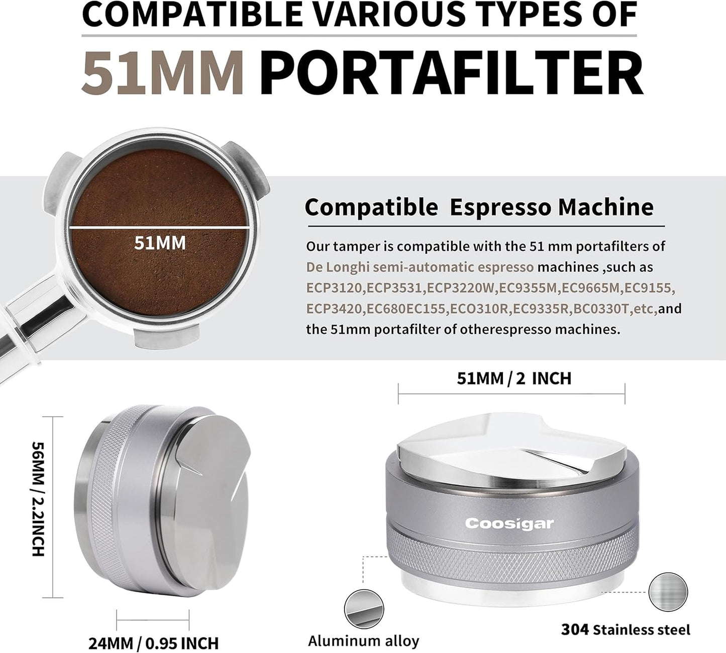 51mm Coffee Distributor and Tamper,Dual Head Coffee Leveler Fits for Delonghi 51mm Portafilter,Professional Espresso Hand Tamper.(Silver)