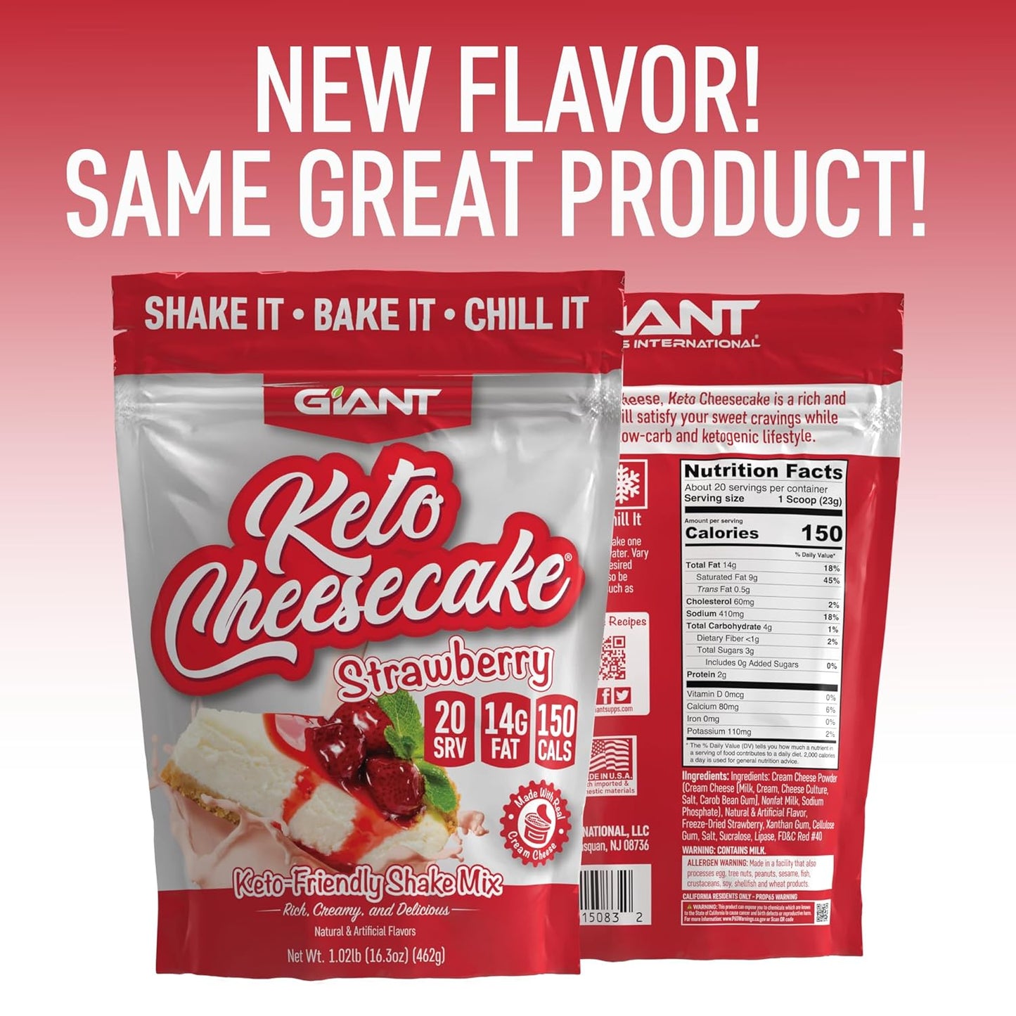 Giant Sports Keto Cheesecake Shake Mix - Delicious Low Carb, Ketogenic Diet Gluten Free Powder Mix - Works Great with Almond Milk - Strawberry (20 Serving Bag)
