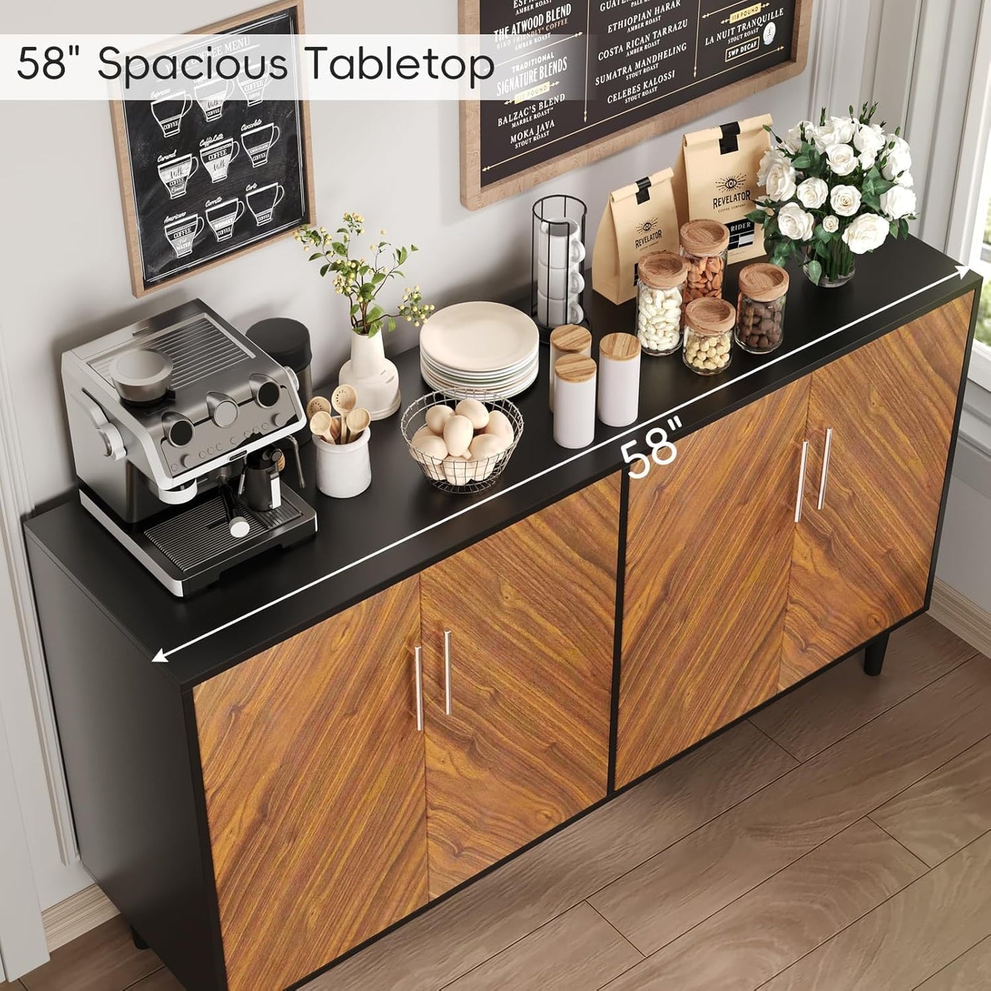 4 EVER WINNER Buffet Cabinet with Storage, 58" Sideboard Cabinet with Adjustable Shelves, Modern Coffee Bar with 4 Doors for Living Room Entryway, Walnut and Black