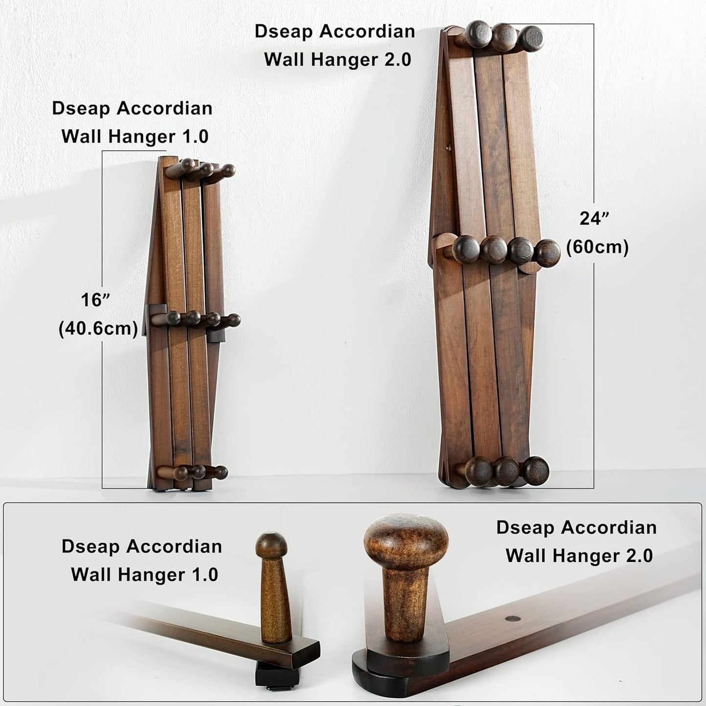 Dseap Expandable Coat Rack (Larger Version) - 24” High, Anti-Slip, Ultra Heavy Duty Wooden Accordian Wall Hanger with 10 Study Peg Hooks for Clothing Hats Jackets Bags, Brown