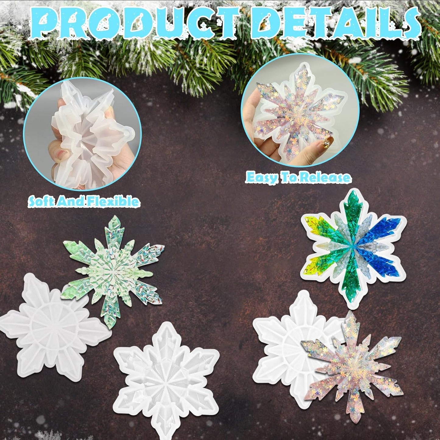 4Pcs Christmas Snowflake Silicone Mold Resin Ornament Molds for Epoxy Resin, DIY Xmas Pendant Home Decoration