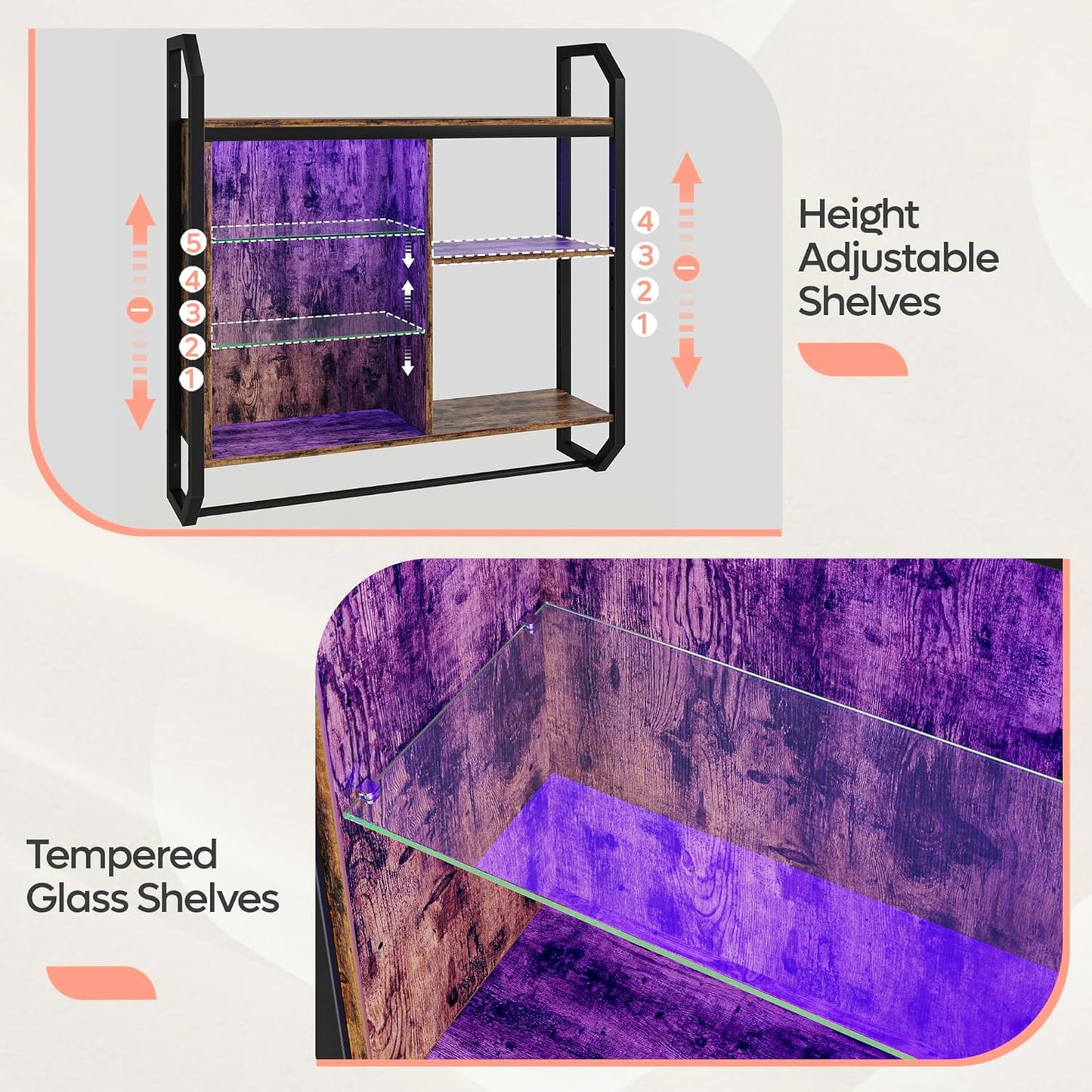 Bestier LED Kitchen Floating Shelves, 34" Industrial Pipe Shelves with Adjustable Glass Shelves, Wall Mounted Shelf with 6 S-Hook Towel Bar, Wine Coffee Bar Rack for Room Decor Rustic Brown