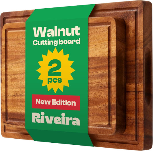 Riveira Walnut Wood Cutting Board – Versatile And Durable: Set Of 2 Pcs Rectangular Wooden Cutting Board – Natural Wooden Cutting Boards For Kitchen – Complete Walnut Wooden Chopping Board