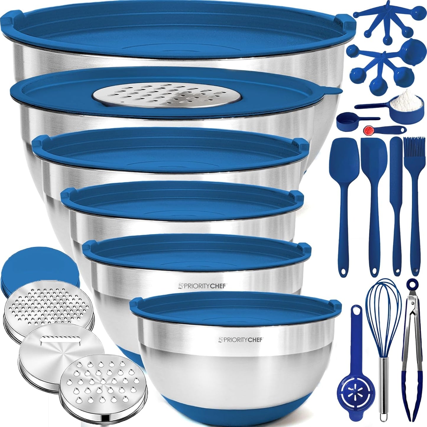 Priority Chef Stainless Steel Mixing Bowls with Lids Set - Premium 30Pcs with 6pc Metal Bowl Set for Kitchen, 3 Graters, Airtight Lids, Non-Slip Bases & Silicone Utensils, Blue