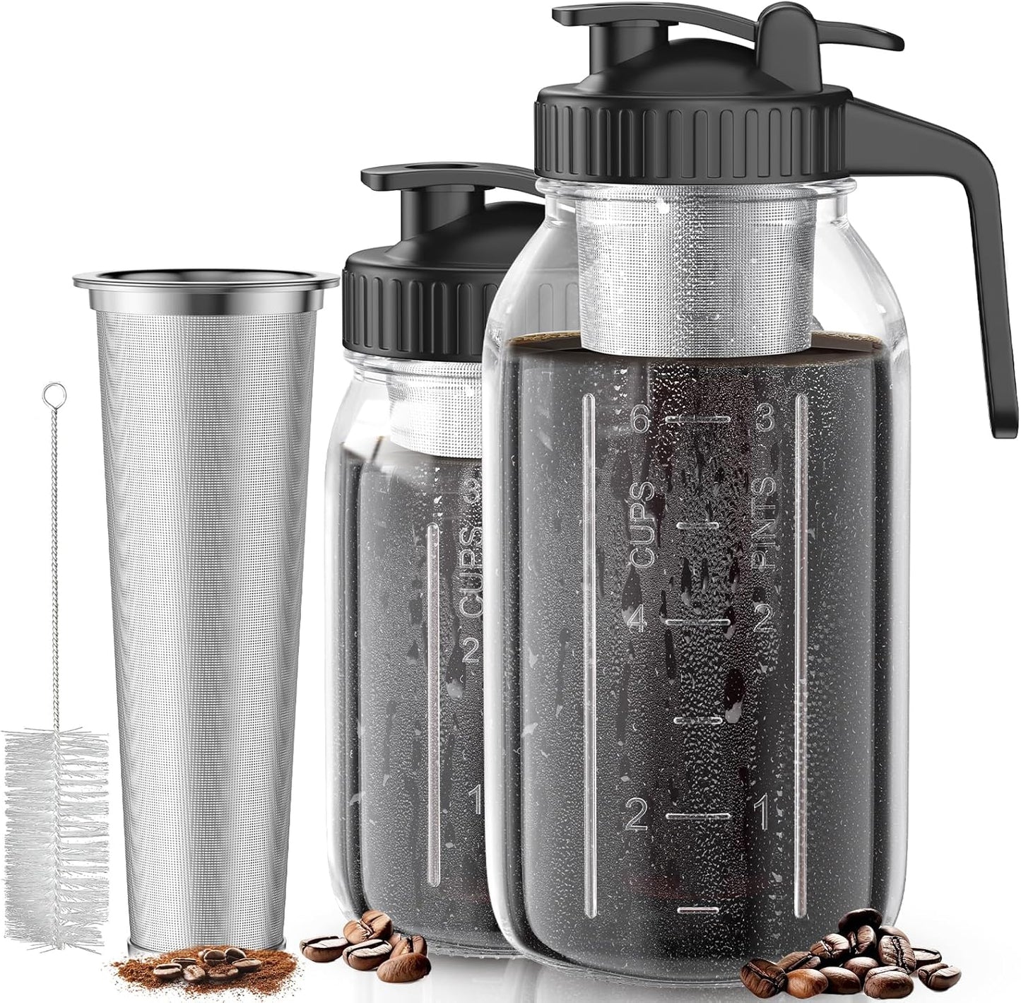 Cold Brew Coffee Maker Jar - 2 Pack 64 oz/32 oz Glass Cold Brew Maker with Handle, Stainless Steel Filter & Leak-Proof Lid, Heavy Duty Cold Brew Pitcher for Iced Coffee, Sun Tea, and Milk