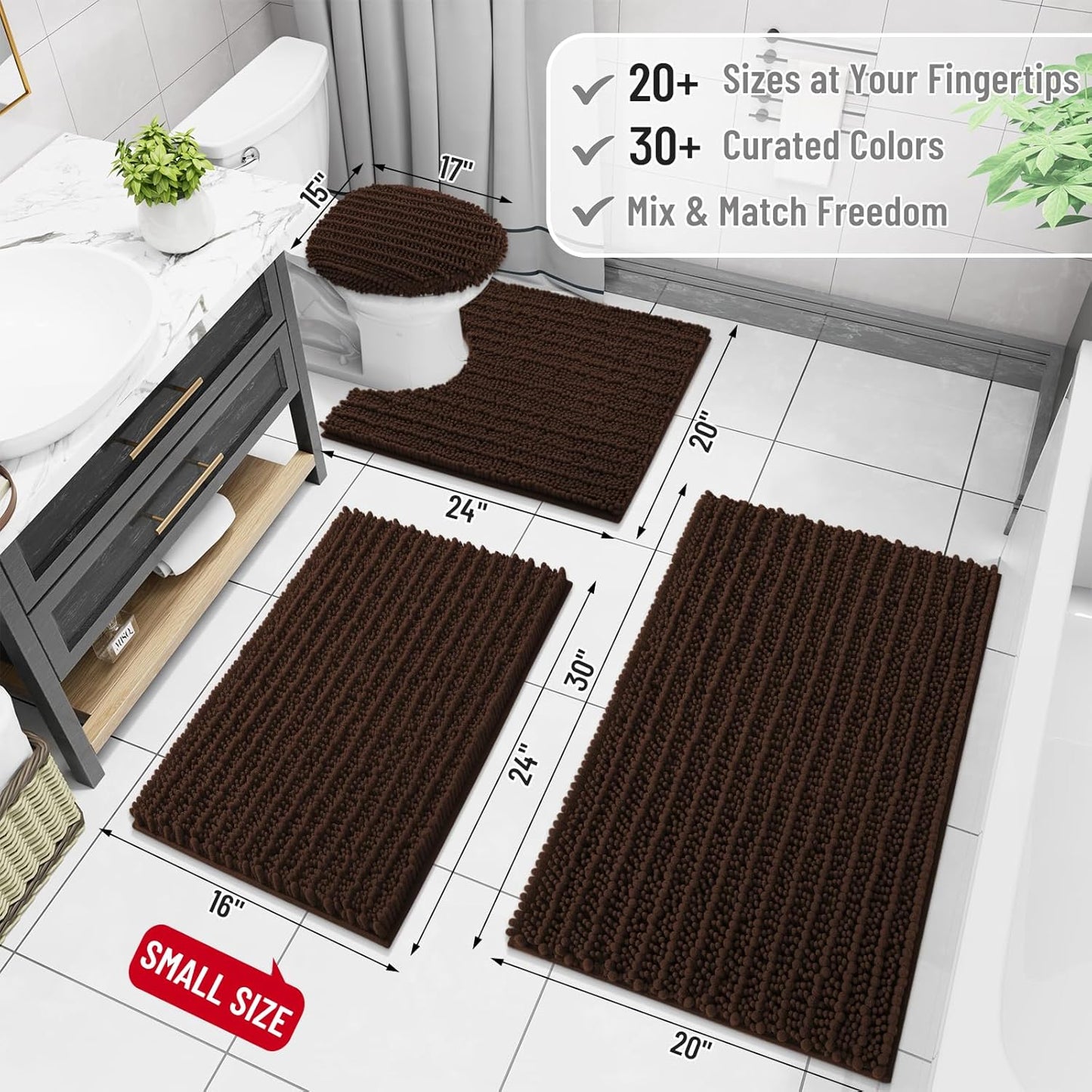 Arotive Luxury Chenille Bathroom Rug Mat, Extra Soft Thick Absorbent Shaggy Bath Rugs, Non-Slip Machine Wash Dry, Plush Bath Mats for Bathroom, Shower and Tub, 60x24, Brown