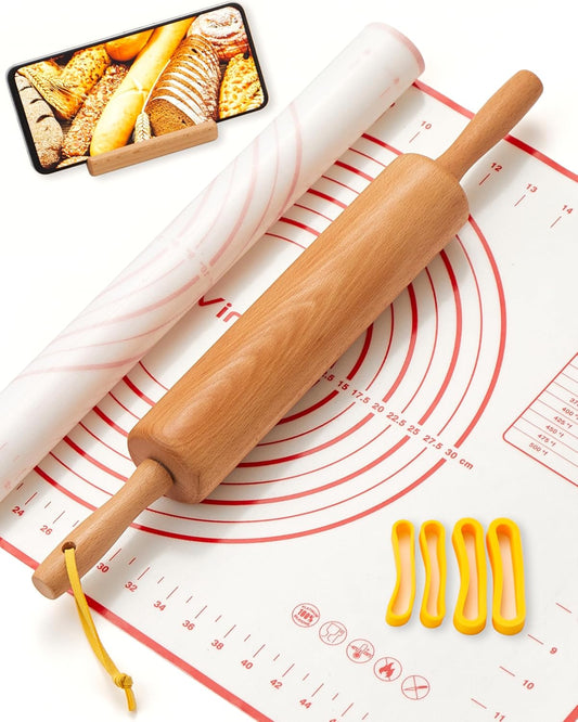 Classic Wood Rolling Pin, 17" Rolling Pins for Baking with Silicone Mat and Adjustable Thickness Rings, Pasta Roller with Wood Base, Fondant Roller for Pie Crust, Cookies, Pizza Dough and Bread