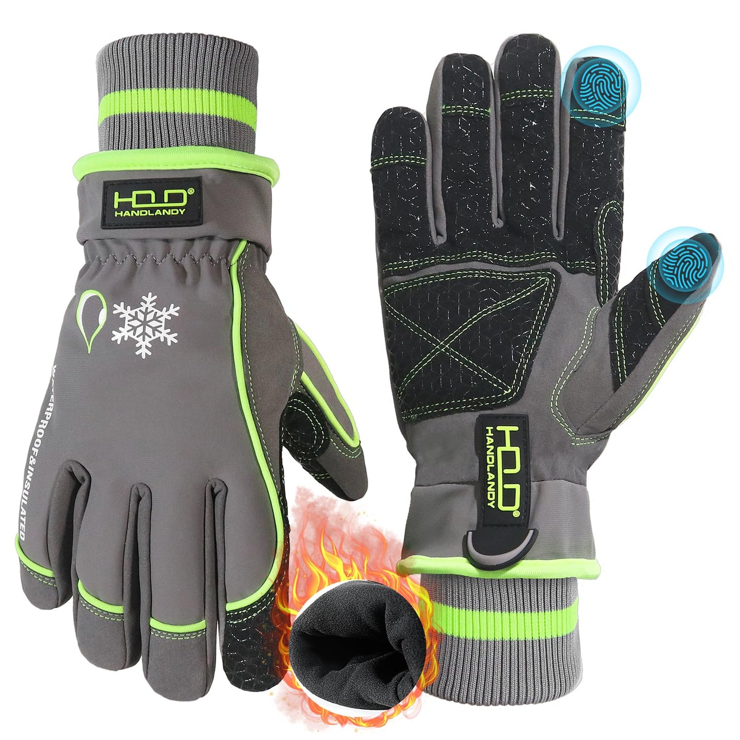 HANDLANDY Waterproof Insulated Work Gloves, 3M Thinsulate Thermal Winter Gloves for Men Women Touch Screen, Warm Ski Snowboard Cold Weather Gloves (Green-men Size, XX-Large)