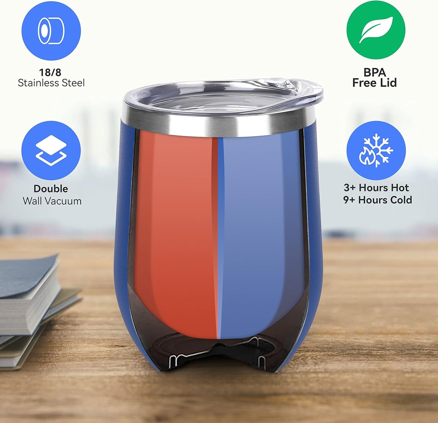 DOMICARE Stainless Steel Wine Tumbler Bulk with Lid, Personalized Insulated Tumblers Set, 12oz Travel Coffee Cups Pack of 4, Dark Blue