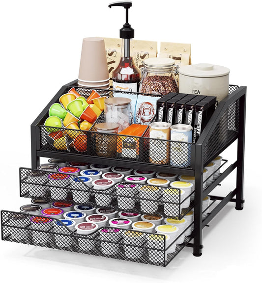 Coffee Bar Organizer - Coffee Station for Countertop, Metal and Wood K Cup holder Storage Basket for Syrup, Cups, Stirrer, Condiment, Tea Organizer, Black
