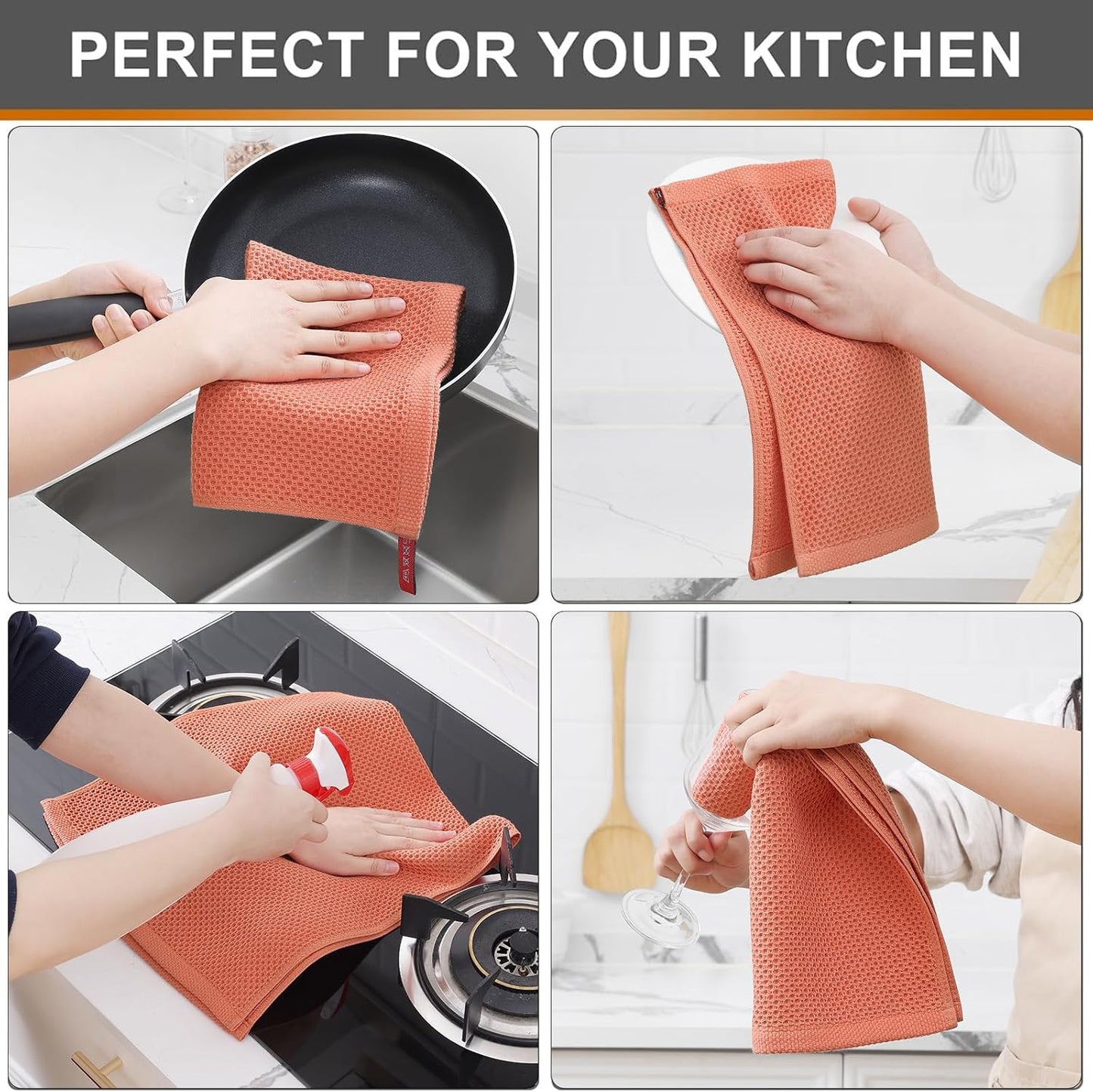Kitinjoy 100% Cotton Waffle Weave Kitchen Towels, 4-Pack Super Soft and Absorbent Dish Towels for Drying Dishes, Kitchen Hand Towels, 13 in x 28 in, Coral