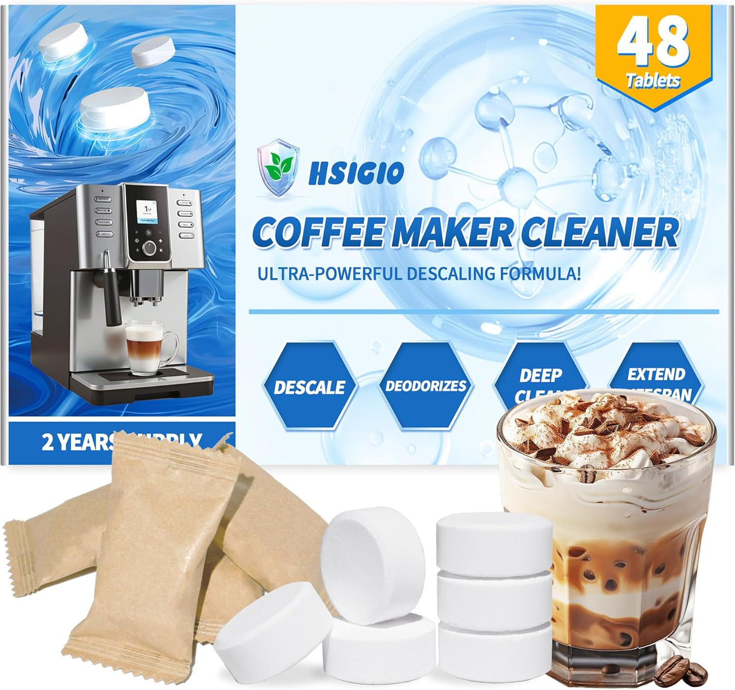48 Pack Coffee Machine Descaler &Cleaner Tablets-2-Years Supply,Deep Cleans Limescale&Coffee Oils,Universal for Single-Serve Pod,Drip,Espresso Makers,Eliminates Odors&Residue-Free for Keurig Descaling