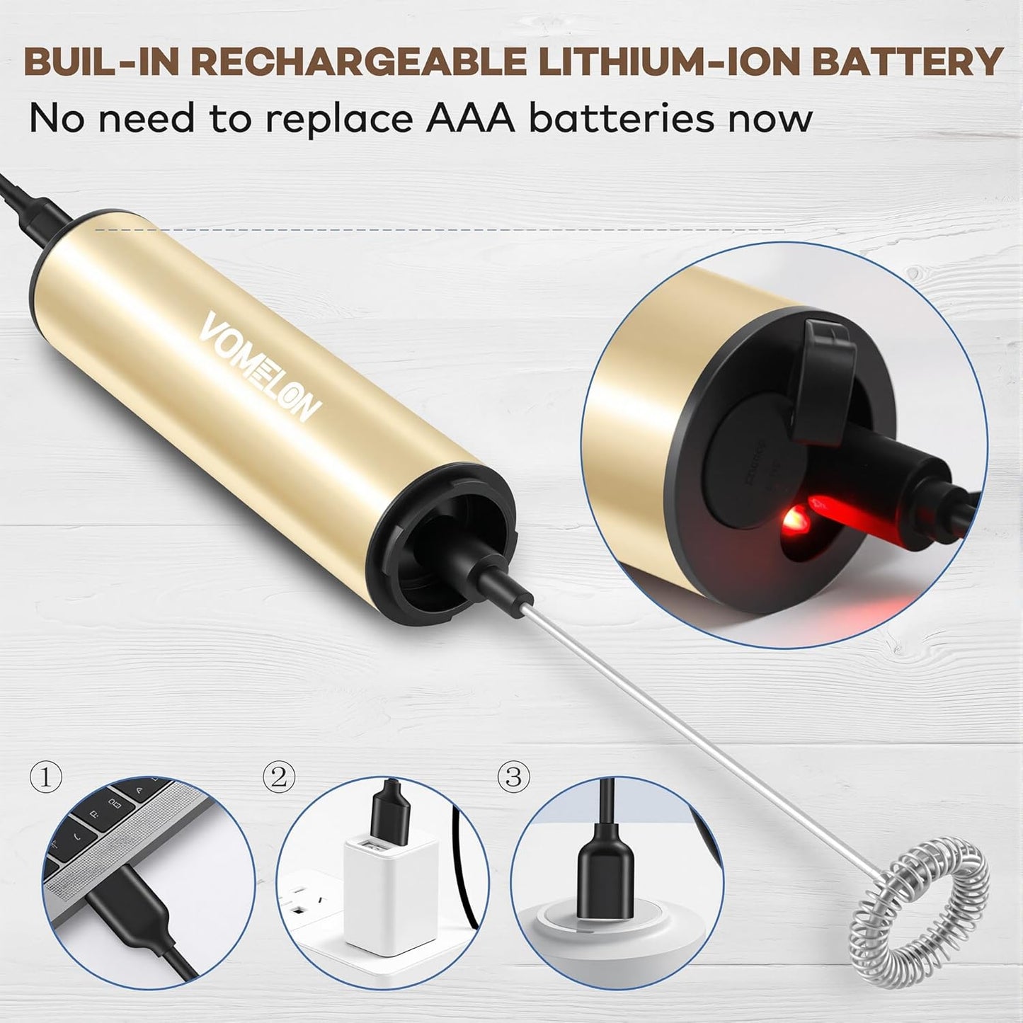 Rechargeable Milk Frother Handheld Electric Frother Wand Milk Foamer Drink Mixer for Coffee, Lattes, Cappuccino, and Egg, Stainless Steel for Travel-Beige