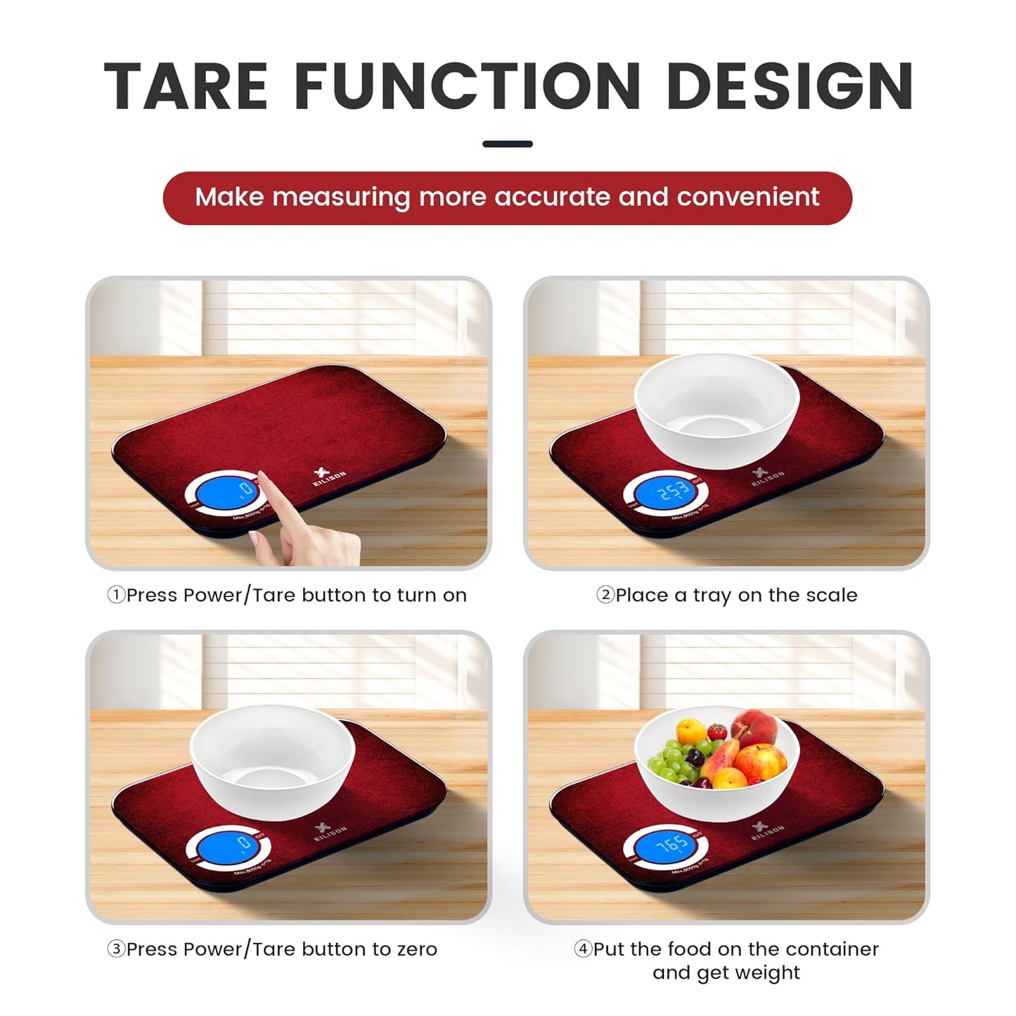 EILISON Smart Kitchen Food Scale with Bluetooth App, High-Precision Digital Food Scale for Baking, Cooking & Diet, 24 Nutrients with Macro Keto Calorie Cooking, Grams, 5g-8000g Capacity (Red)