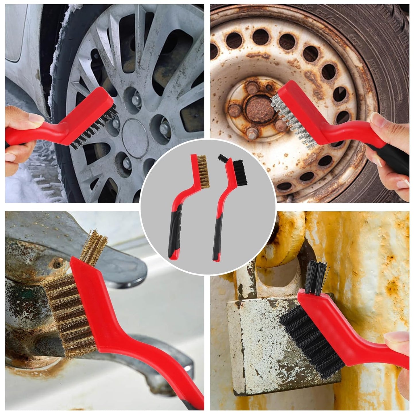 A A IN 6-Pack Wire Brush Set Nylon/Brass/Stainless Steel Bristles with Curved Handle Grip Scratch Brushes for Deep Cleaning and Rust Removing Small Cleaning Brushes - 7 Inches (Red)