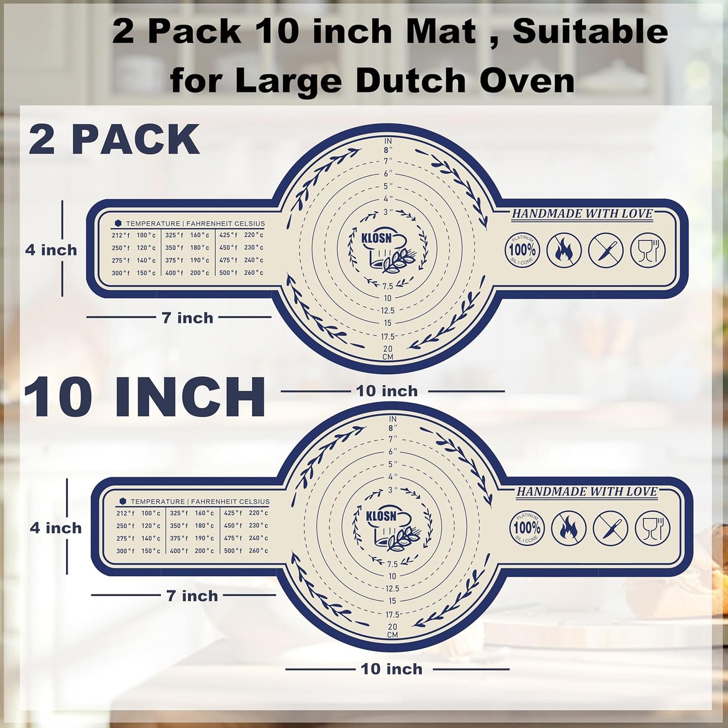 Large Silicone Bread Sling for Dutch Oven, 2 Pack (10" Round) – Non-Stick & 500°F Heat Resistant Sourdough Mat, Easy to Clean, Reusable Food-Grade Sourdough Sling – Fits 7 qt and up Dutch Ovens