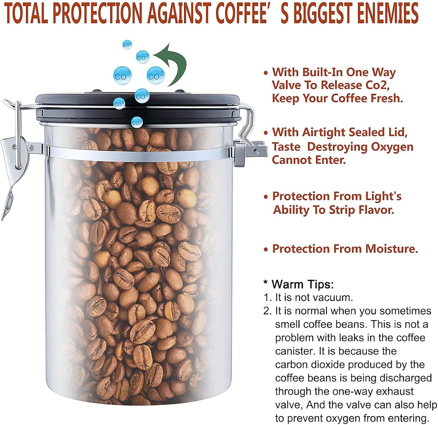 Airtight Coffee Bean Container - Co2 Valve Coffee Bean Canister with Scoop for Ground Coffee Large Copper 21oz