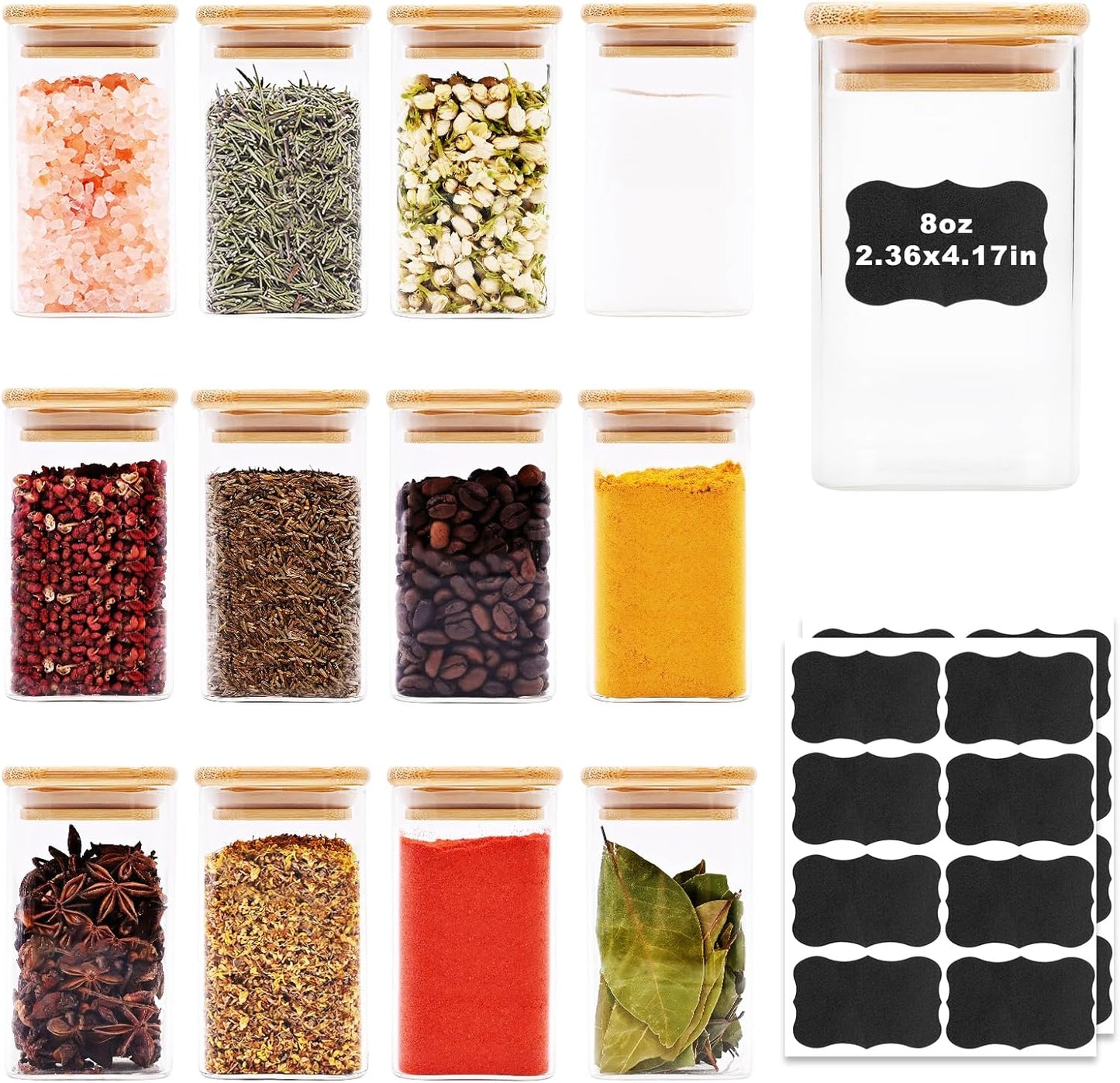 Glass Food Storage Jars Square 8oz, 12 Pack Glass Jars With Bamboo Lids, Kitchen Storage Containers For Spice, Candy, Cookie, Storage For Pantry Organizers