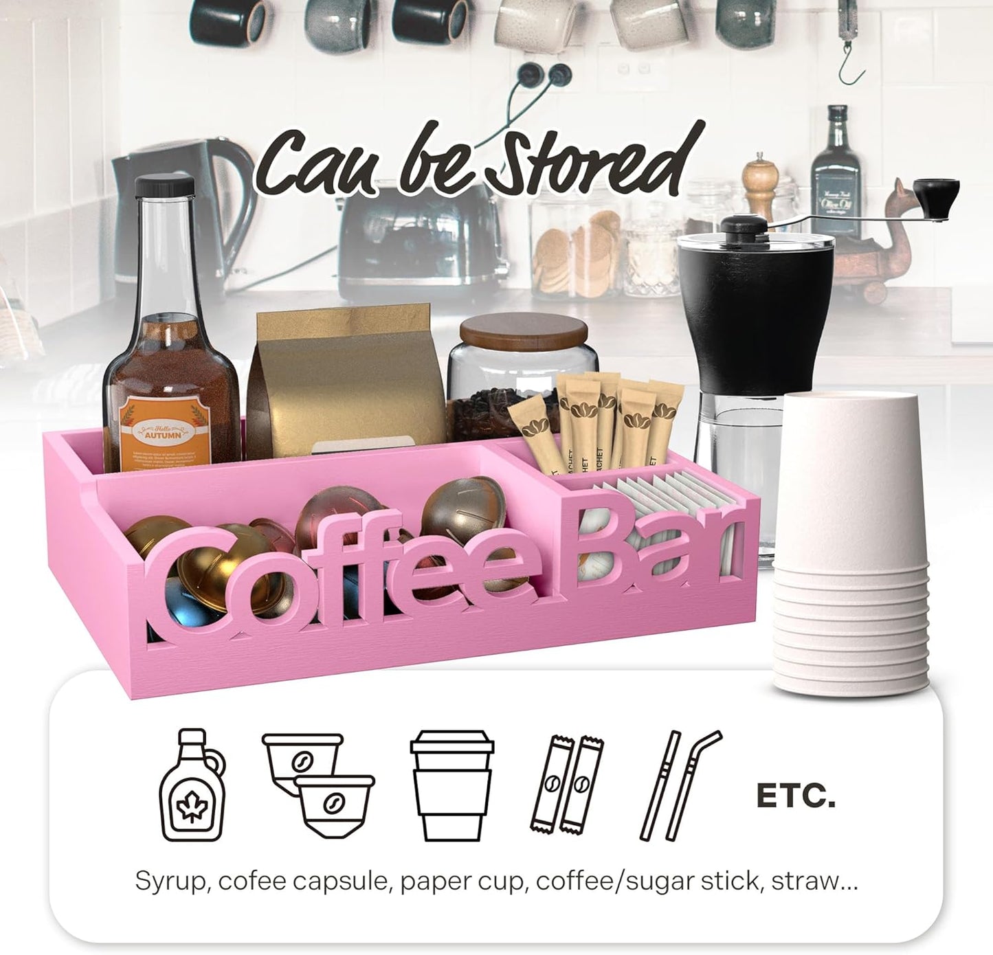 Coffee Bar Organizer - Wood Coffee Pods Holder Storage Basket, Essential Coffee Bar Accessories for Home and Office, Coffee and Tea Condiment Storage Organizer