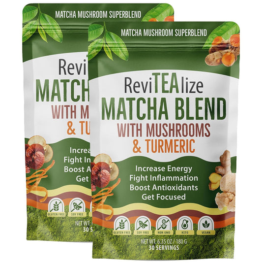 ReviTEAlize Organic Matcha Mushroom Powder - Organic Ceremonial Grade - Coffee Alternative - Latte (60 Servings)