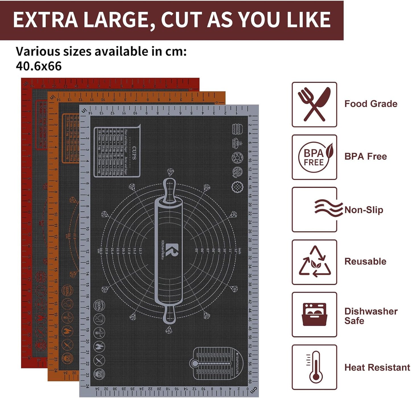 Silicone Pastry Mat Extra Large with Measurements 26''x16'' for Reusable,Non-slip Silicone Baking Mat, Counter, Dough Rolling, Oven Liner,Fondant/Pie Crust (Translucent_Orange, 16''W x 26''L)