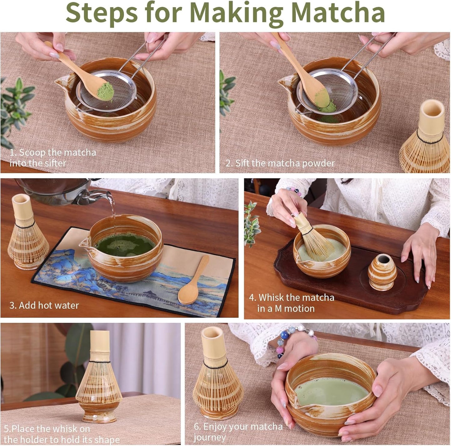 Japanese Matcha Whisk Set - 6-Piece Kit with Bamboo Chasen, Matcha Ceramic Bowl with Spout, Stainless Steel Sifter Yellow