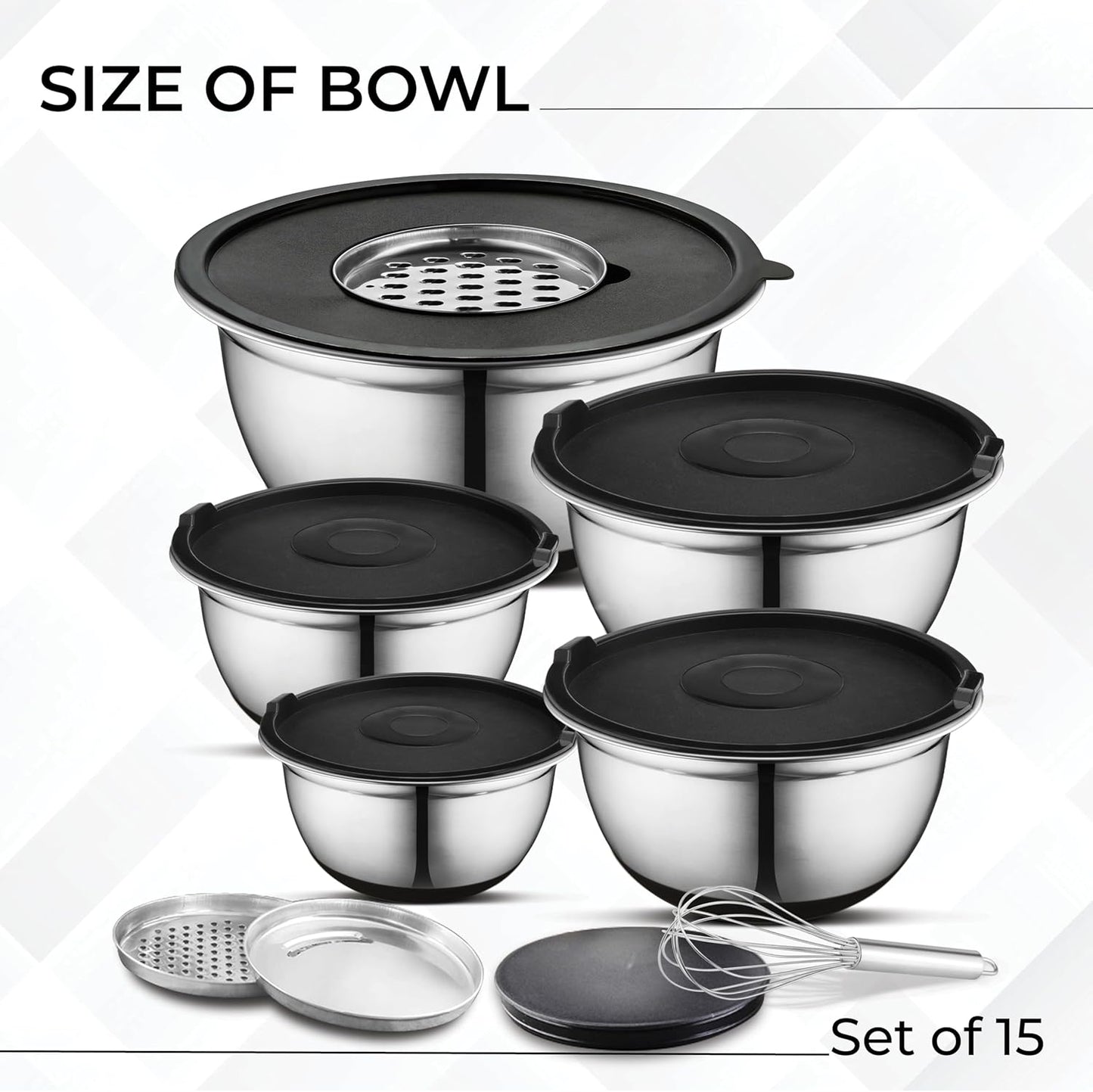 AVADOR Premium Stainless Steel Mixing Bowls Sets Brushed Stainless Steel Mixing Bowl Set, Easy To Clean, Space Saving, Great for Cooking, Baking, Prepping Needs (9 pc Anti Slip with Lid and Graters)