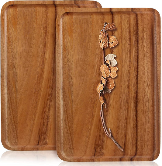 2 Pcs Wooden Rectangle Serving Trays for Ottoman Bar Party Food Tray Large Fruit Rectangular Platter Best Acacia Wood Plates for Decor Cheese Serving Board Snack Tray Charcuterie Boards Serving Dishes