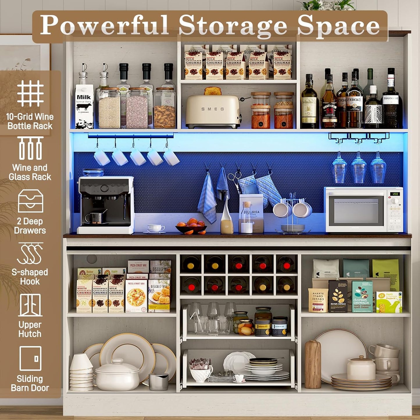 74" Tall 63" Wide Large Coffee Bar Cabinet w/Outlet,6000-color LED Light,Pegboard,Farmhouse Hutch Cabinet w/Barn Door,2 Big Drawers,Adjustable Shelves,10 Wine & Glasses Rack,5 Hook for Kitchen