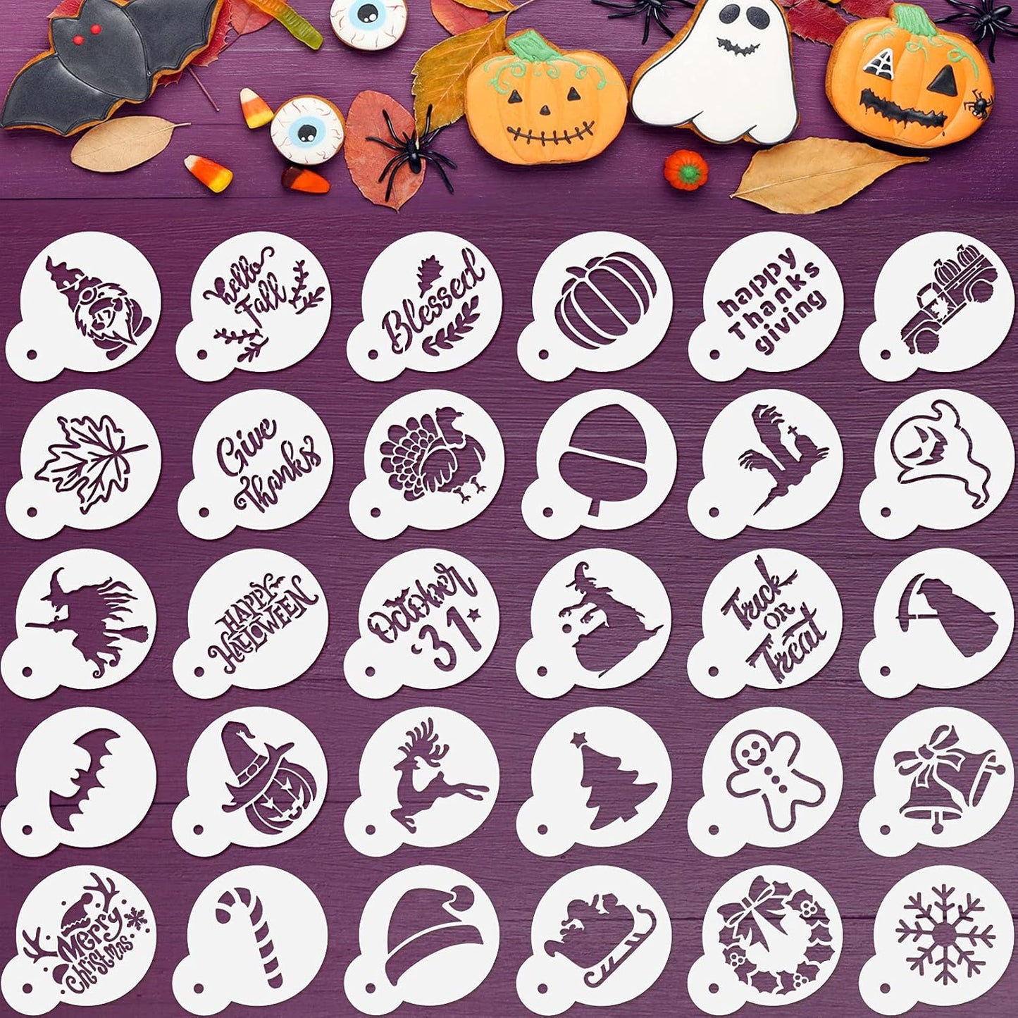 Marspark 30 Pieces Holiday Cookie Coffee Stencils Latte Art Halloween Thanksgiving Christmas Cookie Baking Stencils Templates Decoration for Cake Bread Decor, Reusable Sourdough Painting Mold Tools