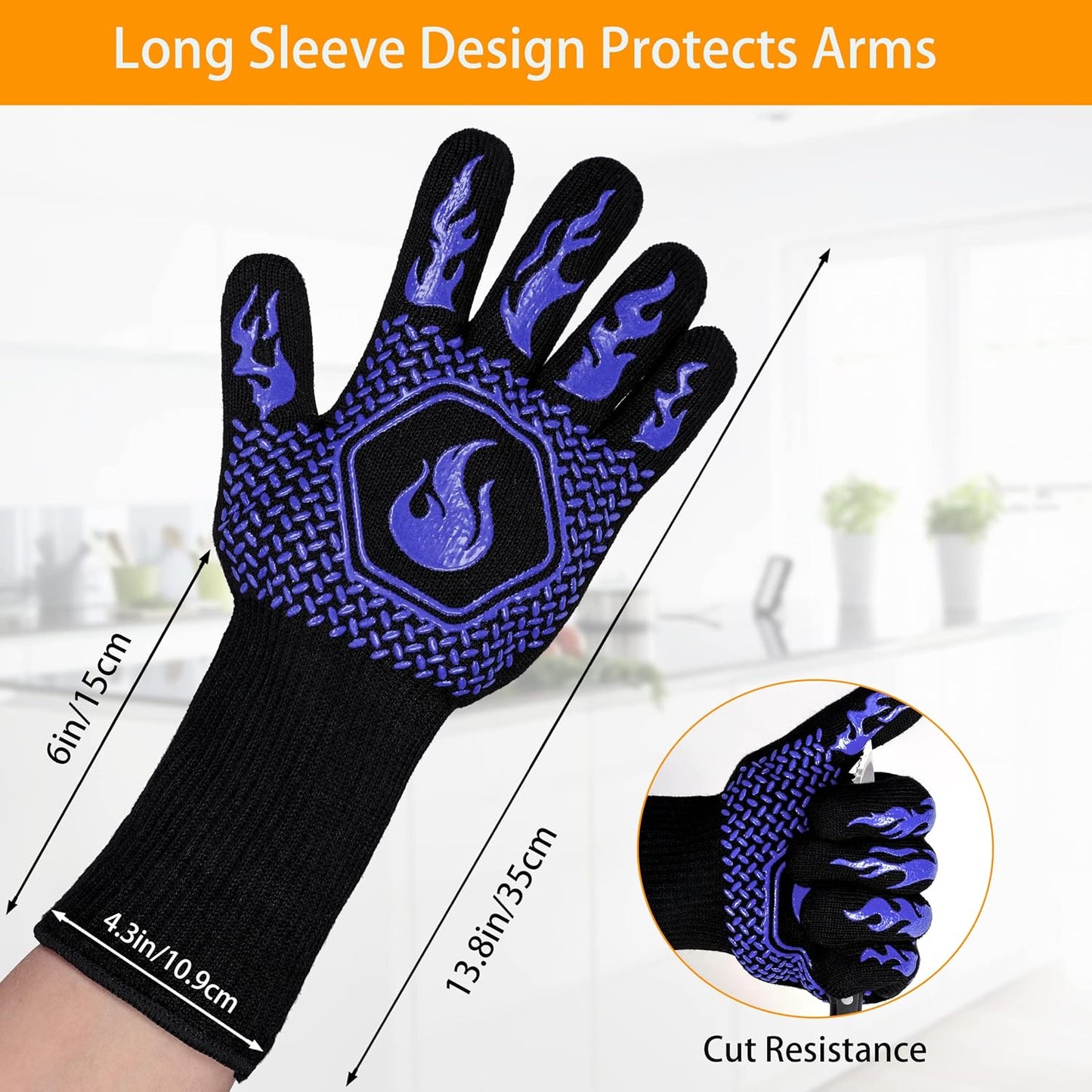 BBQ Fireproof Gloves, Grill Cut-Resistant Gloves 1472°F Heat Resistant Gloves, Non-Slip Silicone Oven Gloves, Kitchen Safe Cooking Gloves for Oven Mitts,Barbecue,Cooking, Frying,13.5 Inch-Blue