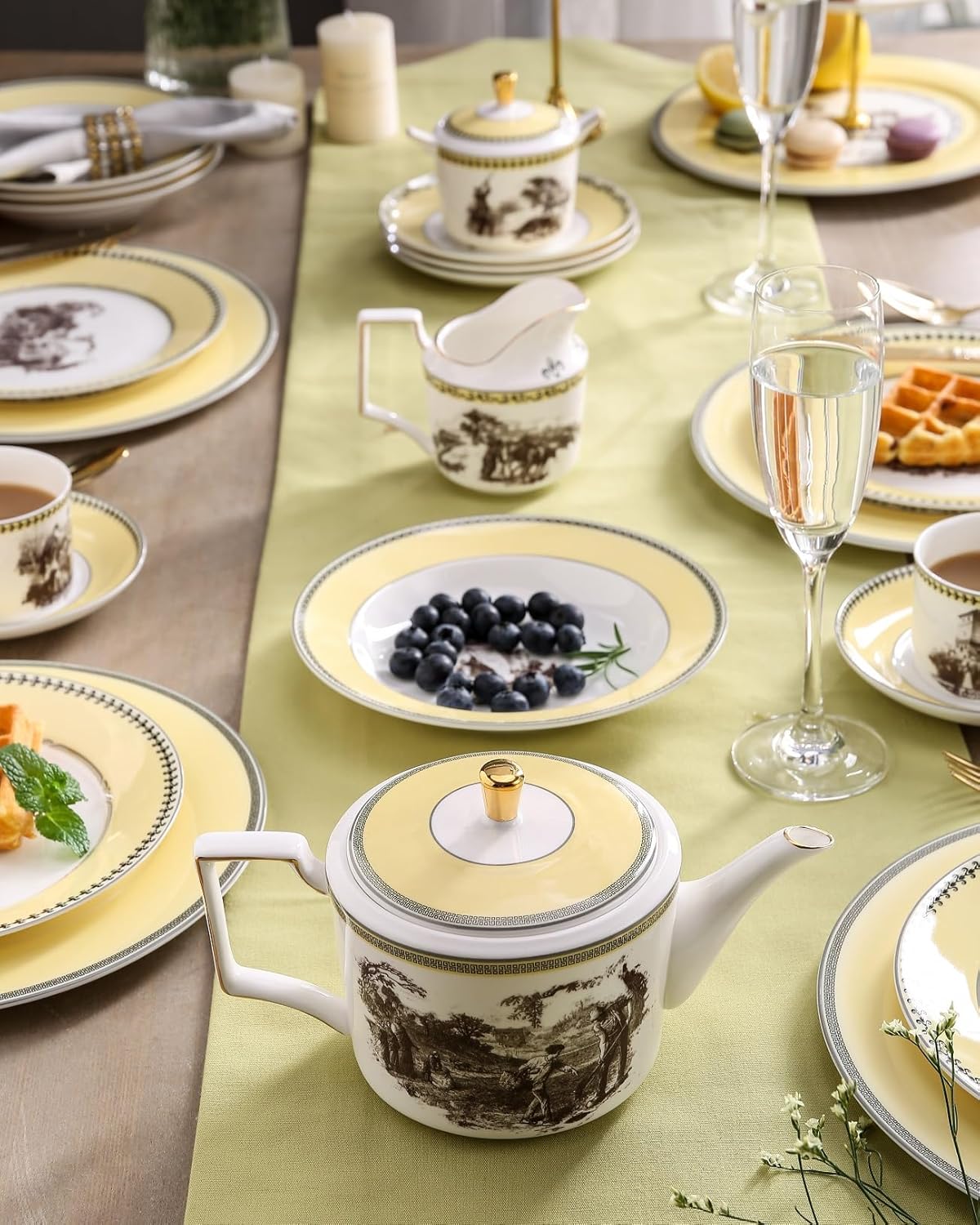 ACMLIFE Tea Set for Adults- Fine China Tea Set for 6, 21-Piece Vintage Coffee Set English Porcelain Tea Pot Sets for Adult Tea Party for Women Gift (Yellow, Extra Large 21)