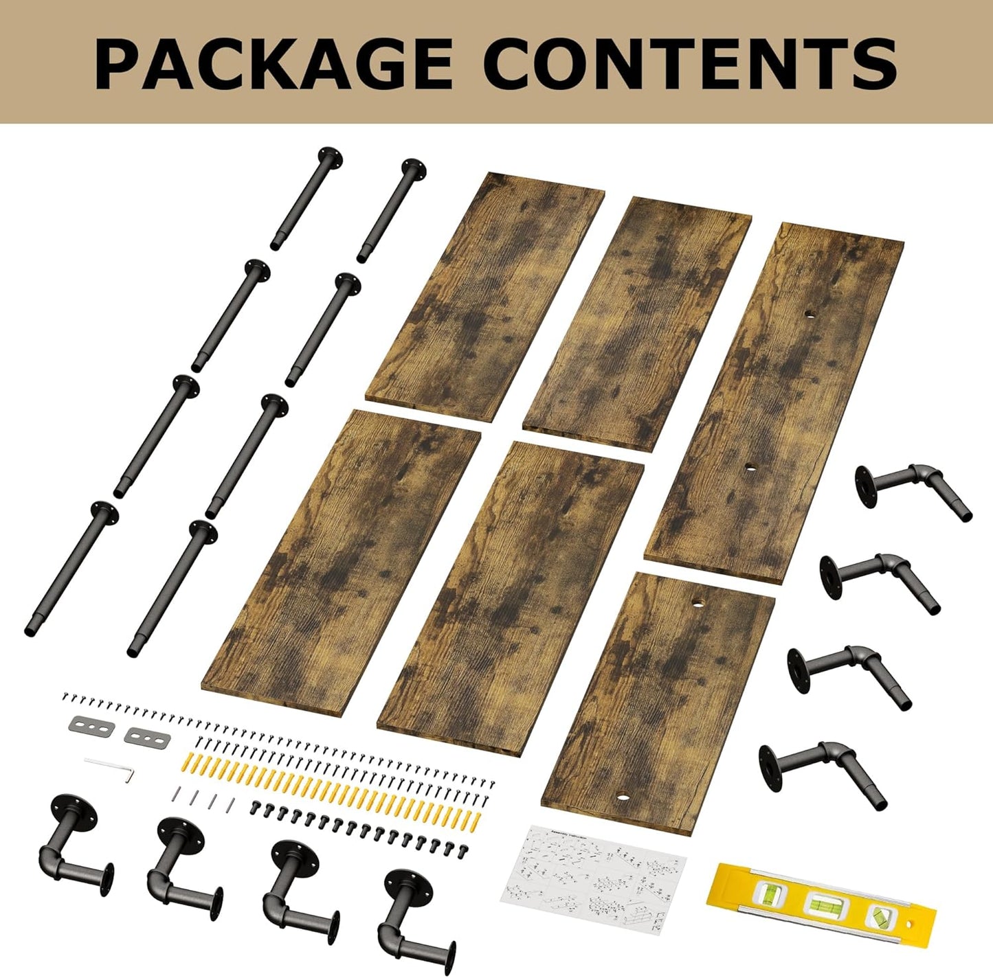 63" Industrial Pipe Shelving - 4 tier Rustic Solid Wood and Heavy Duty Metal Pipe Shelves for Wall,Kitchen Shelves Wall Mounted,Floating Bookshelf,Wall Shelves for Bathroom,Living Room,Coffee Bar