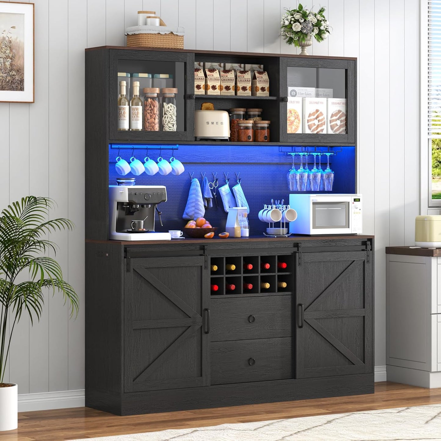 74" Tall 63" Wide Larg Bar Cabinet w/ Outlet,6000-color LED Light,Pegboard,Farmhouse Hutch Bar Cabinet w/Barn Door,2 Big Drawers,Adjustable Shelves,10 Wine & Glasses Rack,5 Hook for Kitchen,Black