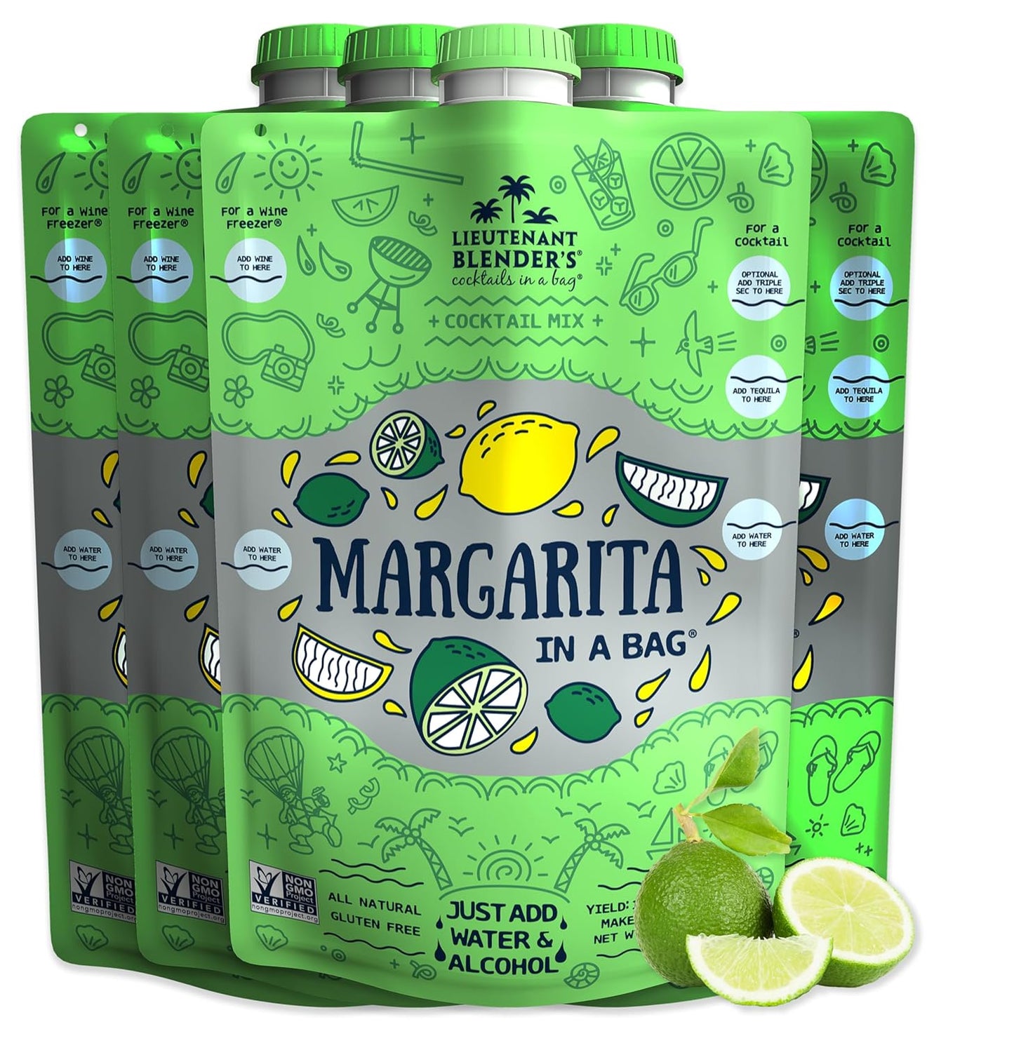 Lt. Blender's Margarita in a Bag - Margarita Mix - Each Bag Makes 1/2 Gallon of Frozen Margaritas – Non-GMO Cocktail Mix - No Blender Needed – Add Liquor, Wine or as a Mocktail (Pack of 4)