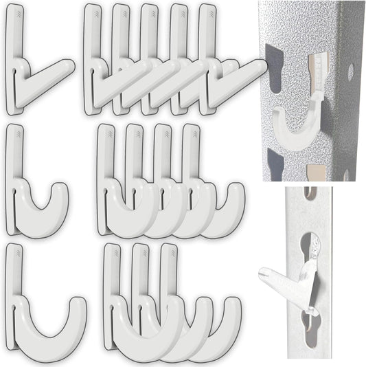 Heavy Duty Plastic L-Hooks and J-Hooks for Garage Shelving, Compatible with Keyhole Slots, UV-Resistant, 40 lbs Load Capacity (15, White L-Hook and J-Hook Assortment)