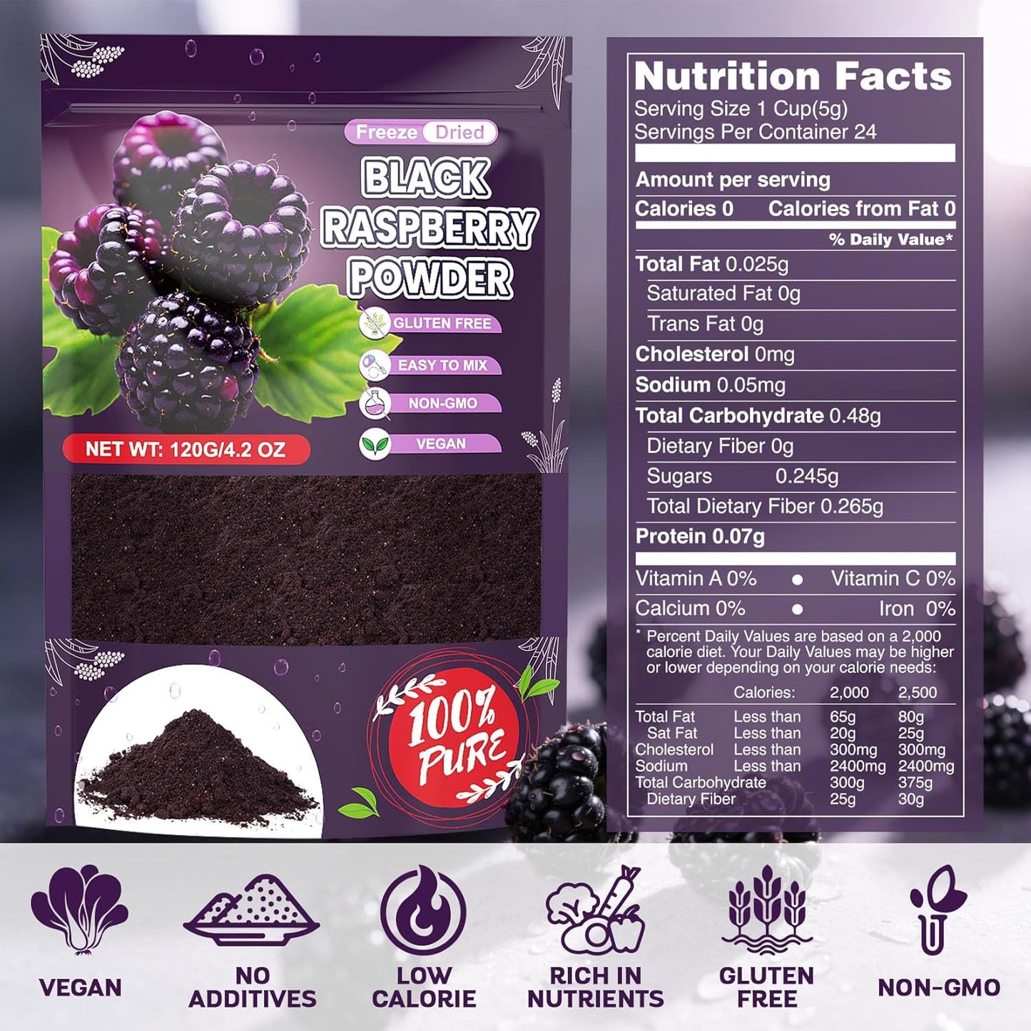 Freeze Dried Balck Raspberry Powder - 100% Black Raspberry Extract Fruit Powder for Smoothies, Made from Whole Raspberries No Additive Natural Food Coloring for Baking, Cake Decoration - 4oz