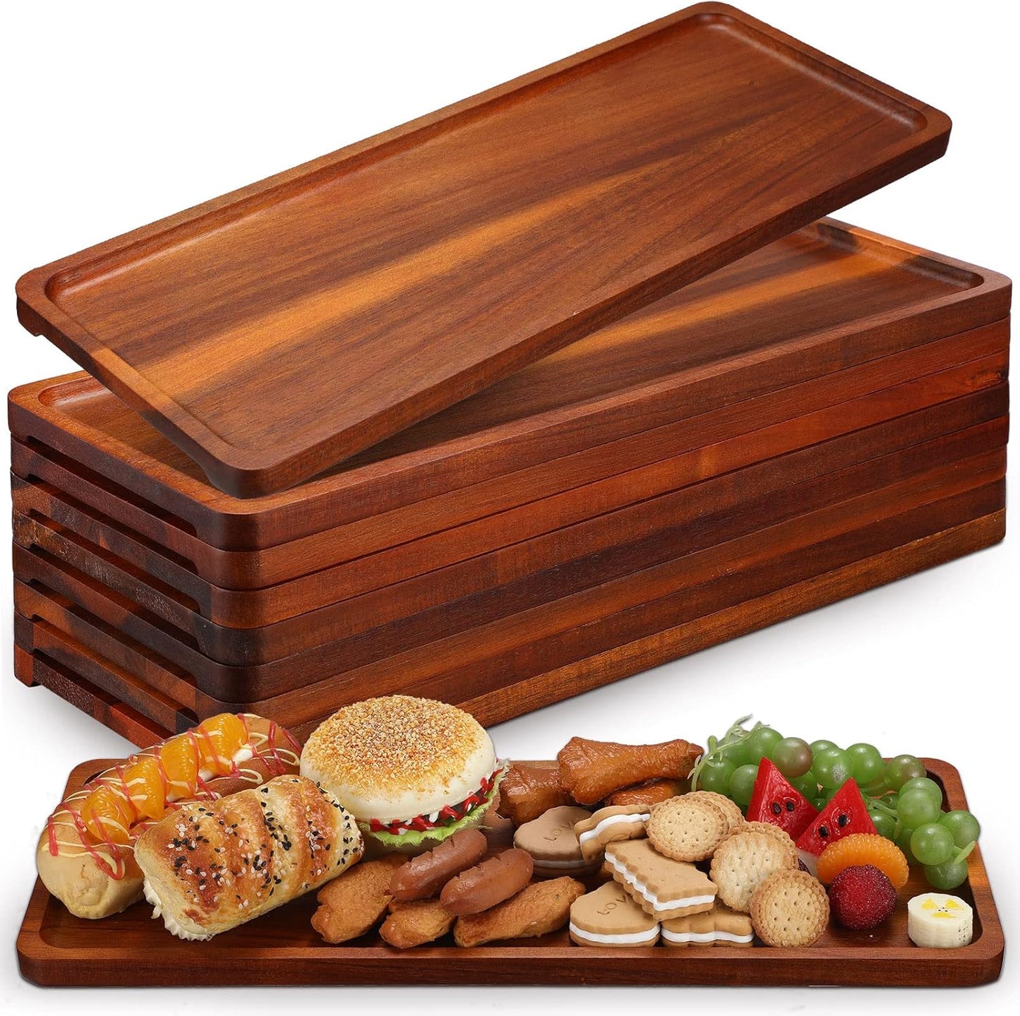 10 Pack Solid Wood Serving Trays 16.7 x 6.4 Inch Acacia Wooden Server Platter Rectangular Charcuterie Boards with Grooved Handle for Home Room Coffee Cheese Appetizer Table Farmhouse Serving Decor