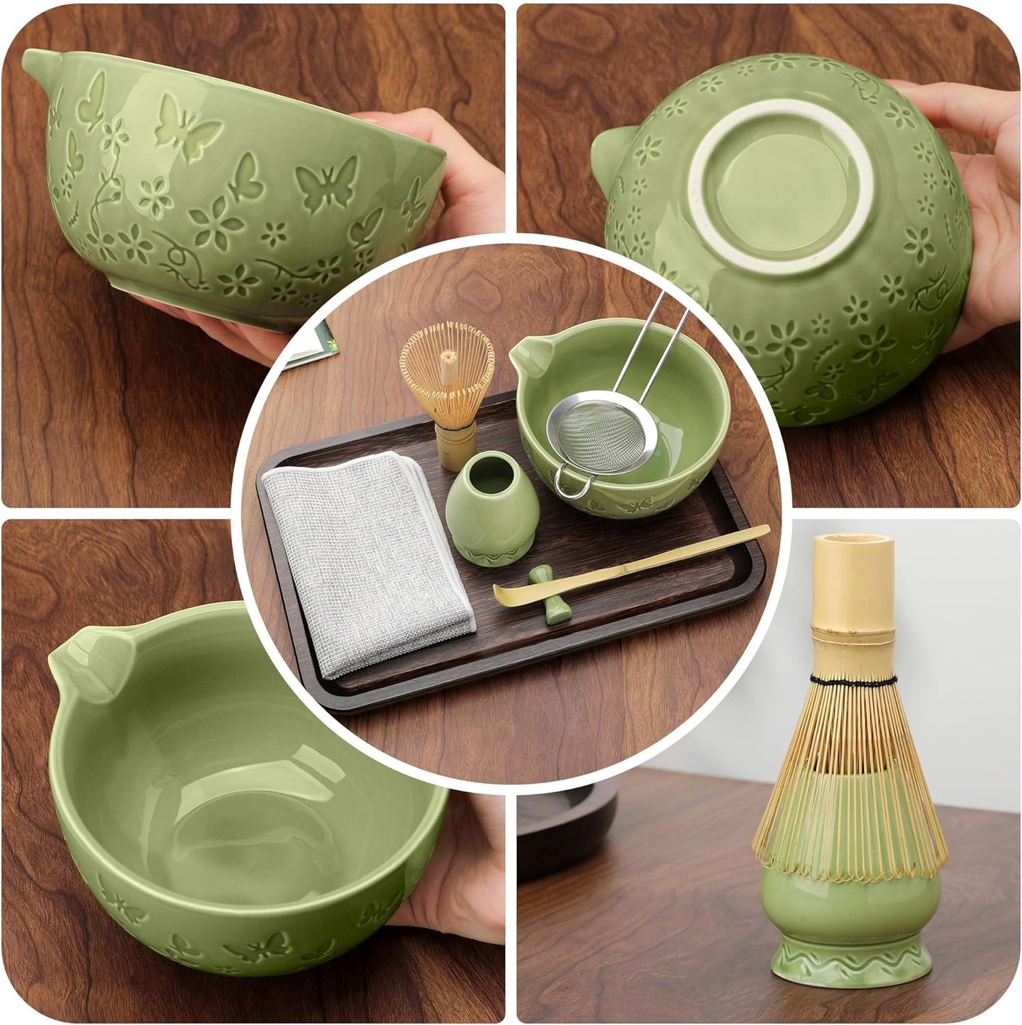 Ceramic Matcha Whisk Set 7 PCS Matcha Set Large Matcha Bowl, Matcha Whisk and Holder, Bamboo Scoop and Scoop Rest, Stainless Sifter and Tea Towel, Matcha Kit for Matcha Tea Ceremony Green